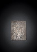 A SMALL DEVOTIONAL SILVER PLAQUE WITH GOD THE FATHER SON AND HOLY SPIRIT