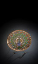 AN EXCEPTIONAL SILVERGILT AND ENAMEL PEACOCK PATTERN FOOTED DISH