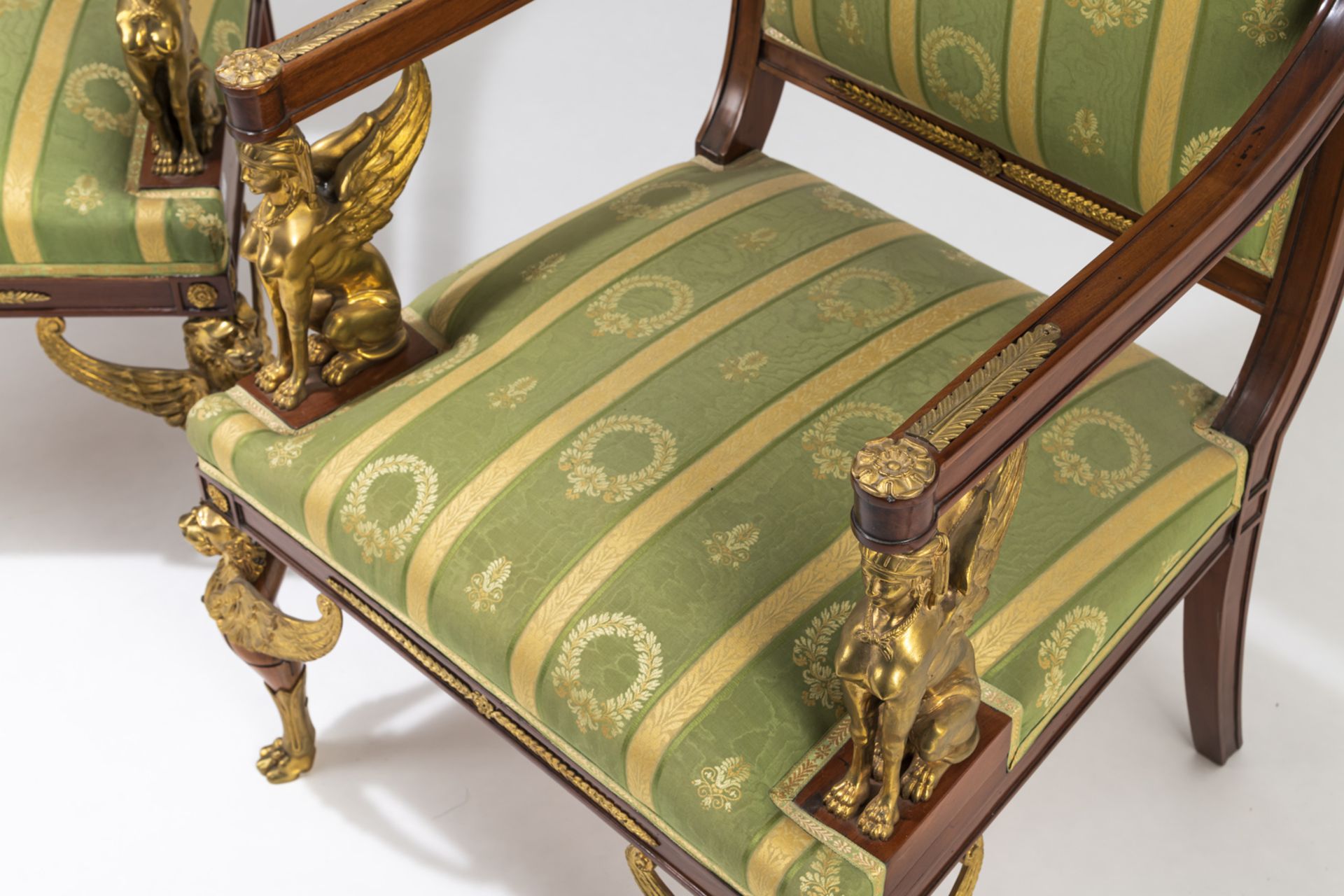 A PAIR OF NEOCLASSICAL ORMOLU MOUNTED MAHOGANY FAUTEUILS WITH SPHINX - Image 5 of 12