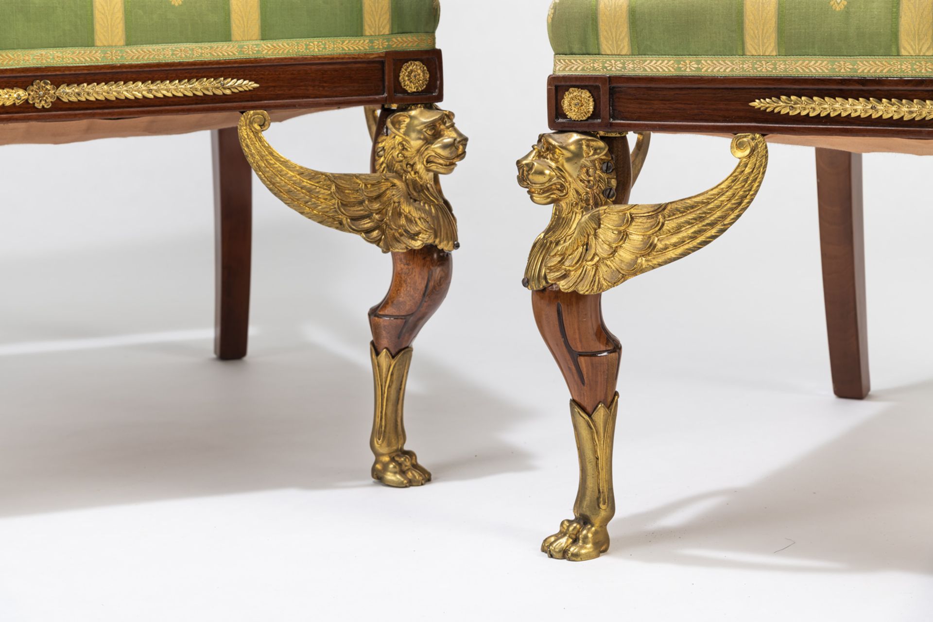 A PAIR OF NEOCLASSICAL ORMOLU MOUNTED MAHOGANY FAUTEUILS WITH SPHINX - Image 2 of 12