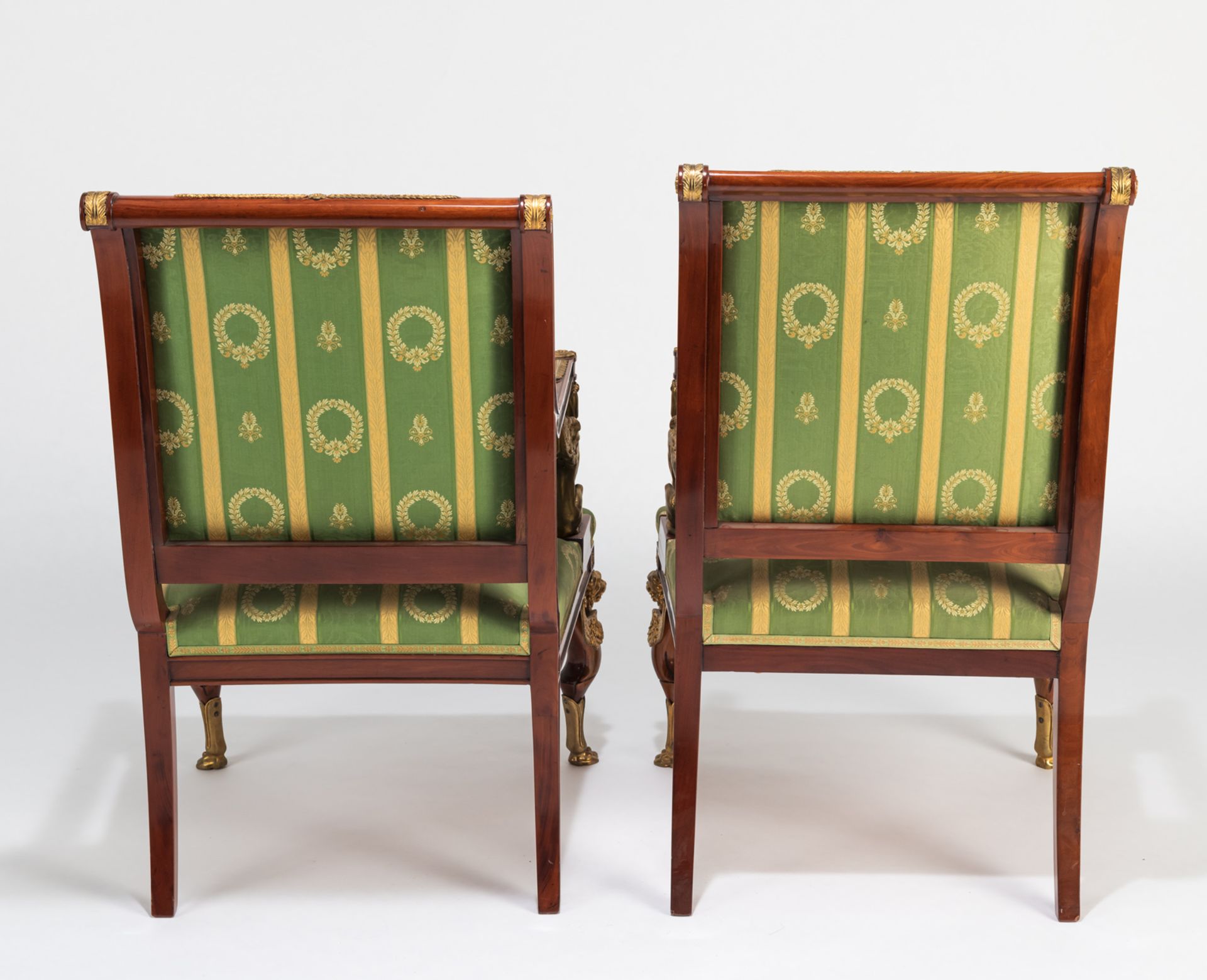 A PAIR OF NEOCLASSICAL ORMOLU MOUNTED MAHOGANY FAUTEUILS WITH SPHINX - Image 11 of 12