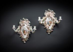 A PAIR OF MEISSEN FLORAL PATTERN WALL LIGHTS