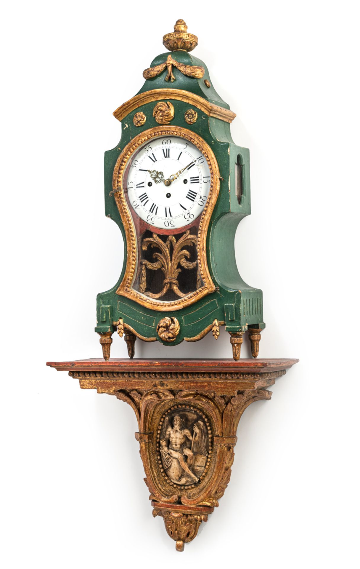 A SOUTH GERMAN CARVED AND PARCIAL GILT WOOD "STUTZUHR" PENDULE