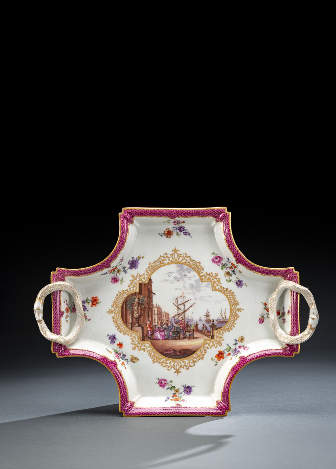 A MEISSEN MARCOLINI TRAY WITH KAUFFAHRTEI SCENE