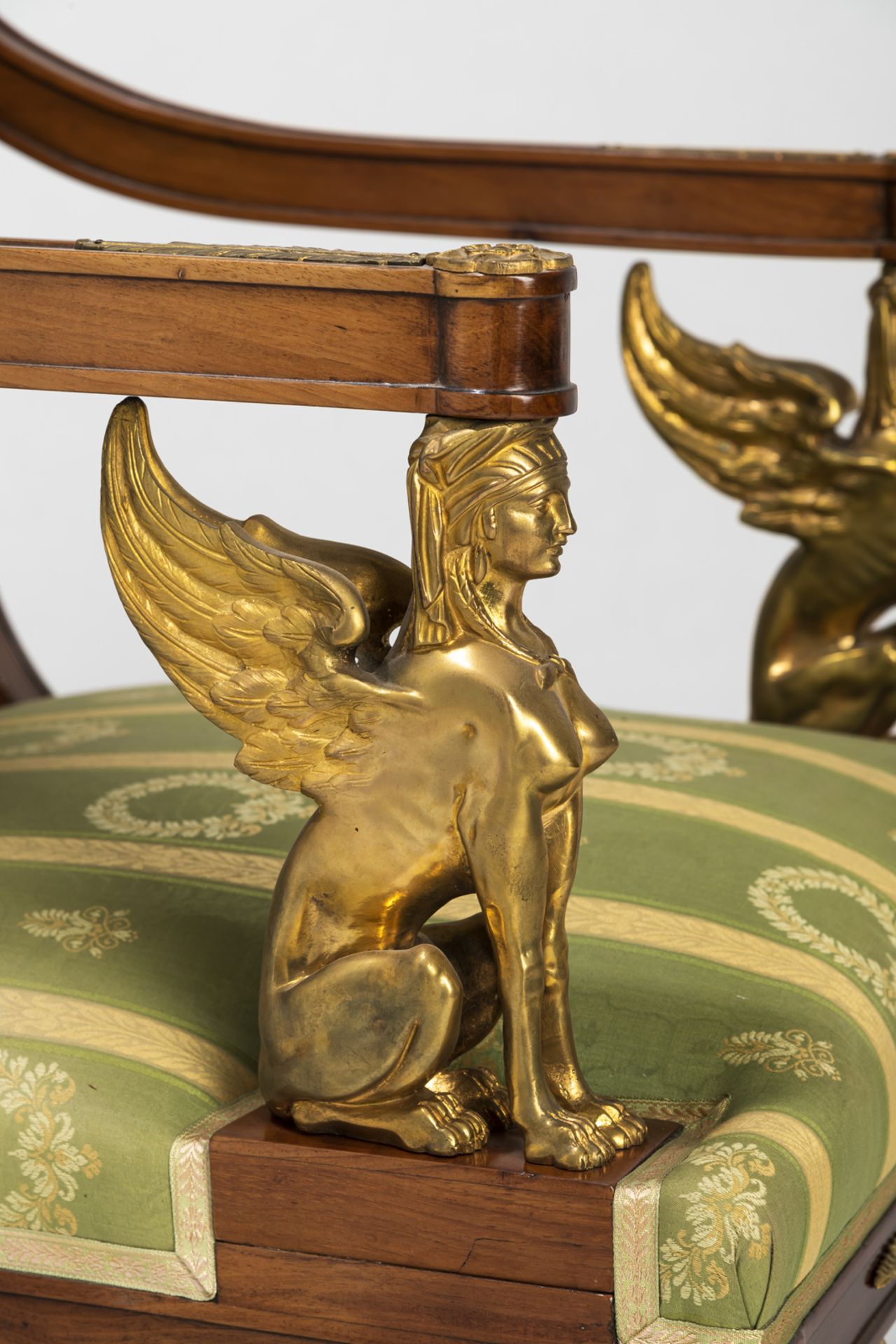 A PAIR OF NEOCLASSICAL ORMOLU MOUNTED MAHOGANY FAUTEUILS WITH SPHINX - Image 7 of 12