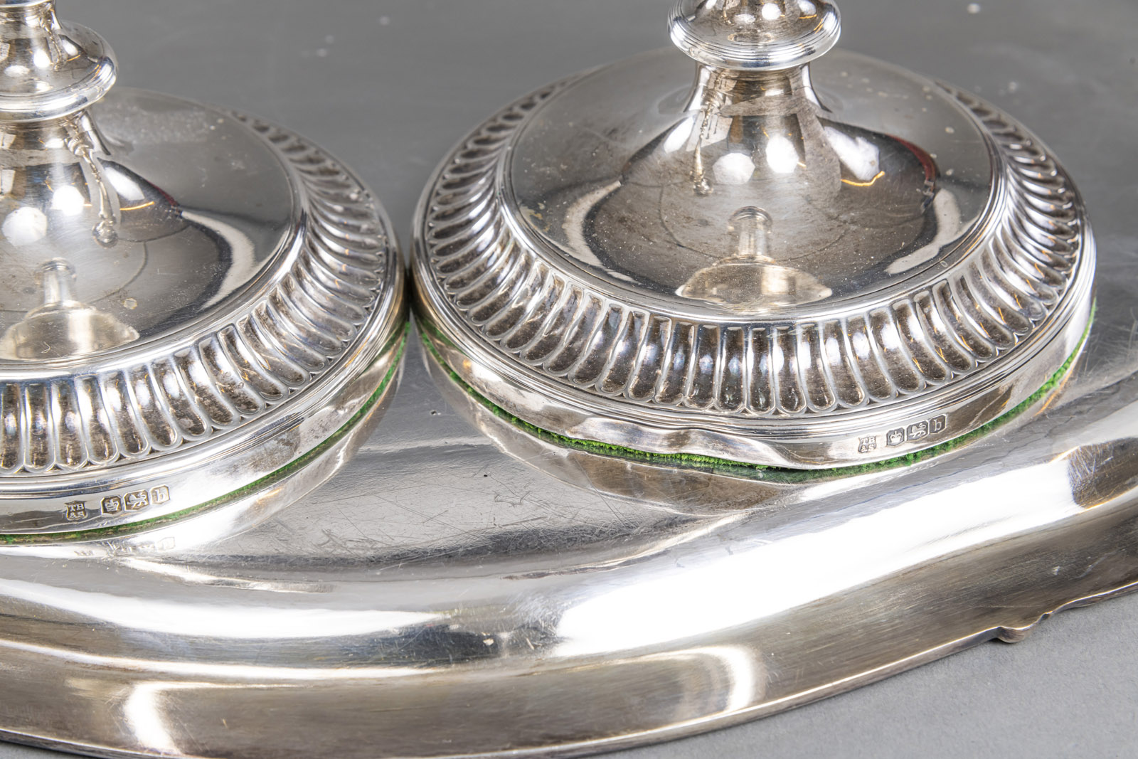 TWO PAIR OF LONDON SILVER CANDLESTICKS AND A GERMAN TRAY - Image 5 of 8