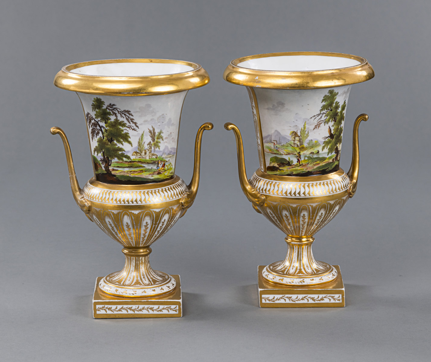 A PAIR OF LANDSCAPE PATTERN AND GILT MEDICI VASES - Image 2 of 4