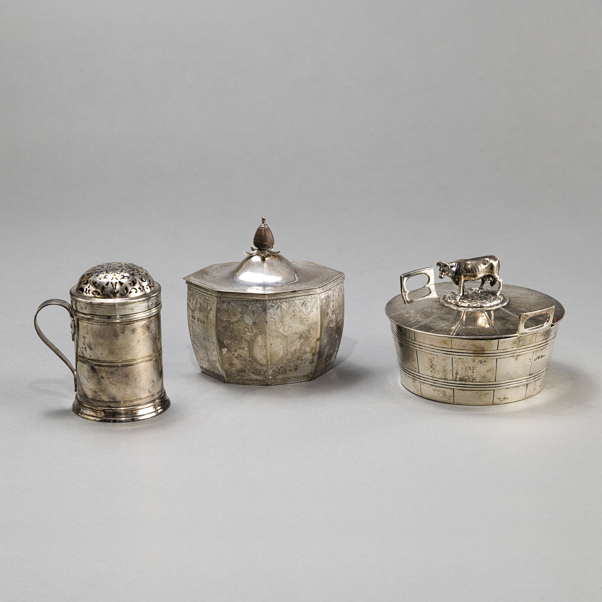 SUGAR BOWL, BUTTER BOX AND COVER, SUGAR CASTER