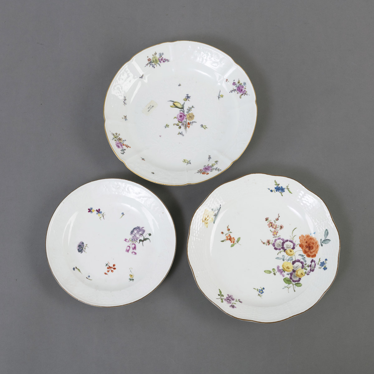 A MEISSEN FLORAL PAINTED PLATE AND TWO ROUND DISHES