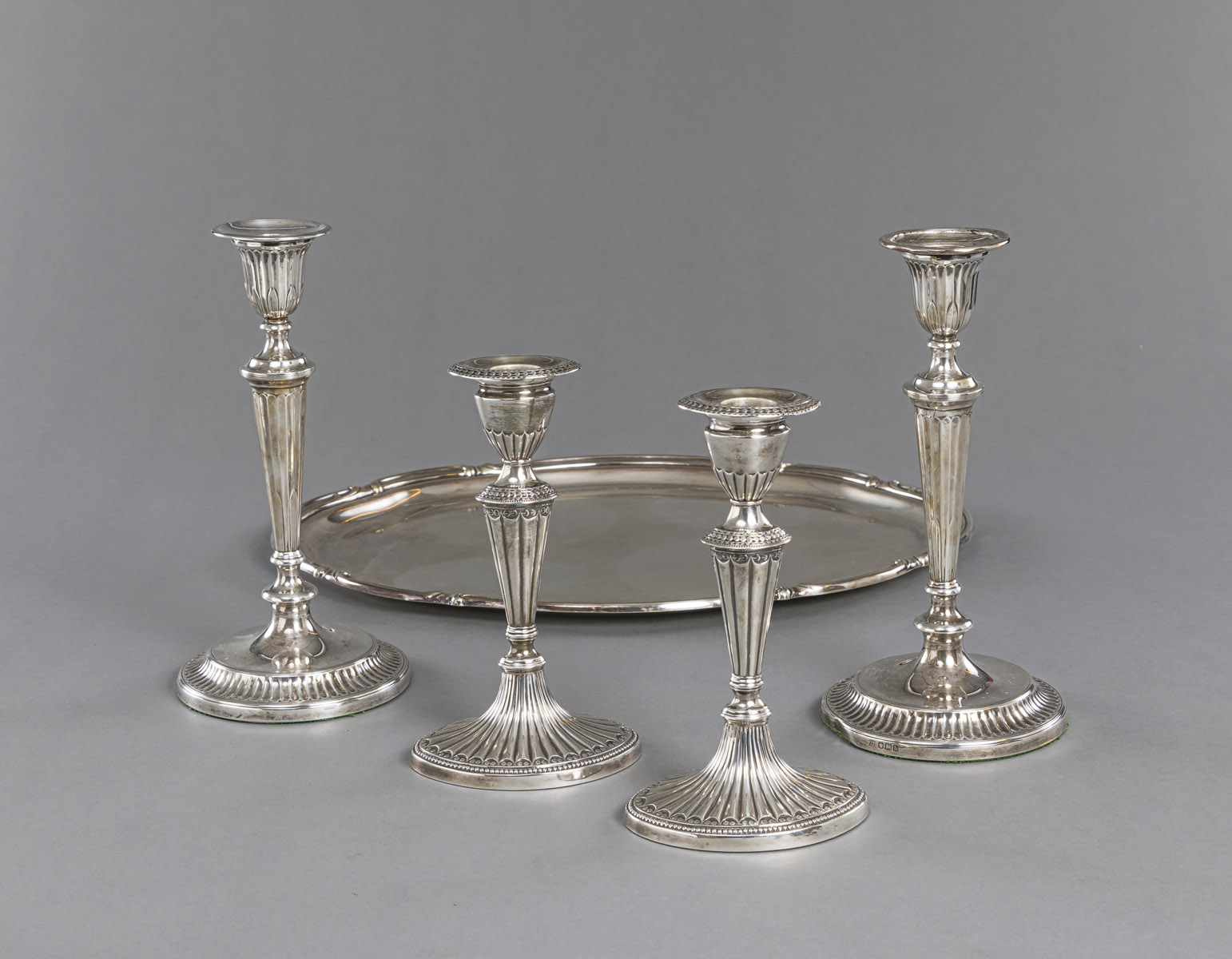 TWO PAIR OF LONDON SILVER CANDLESTICKS AND A GERMAN TRAY - Image 3 of 8