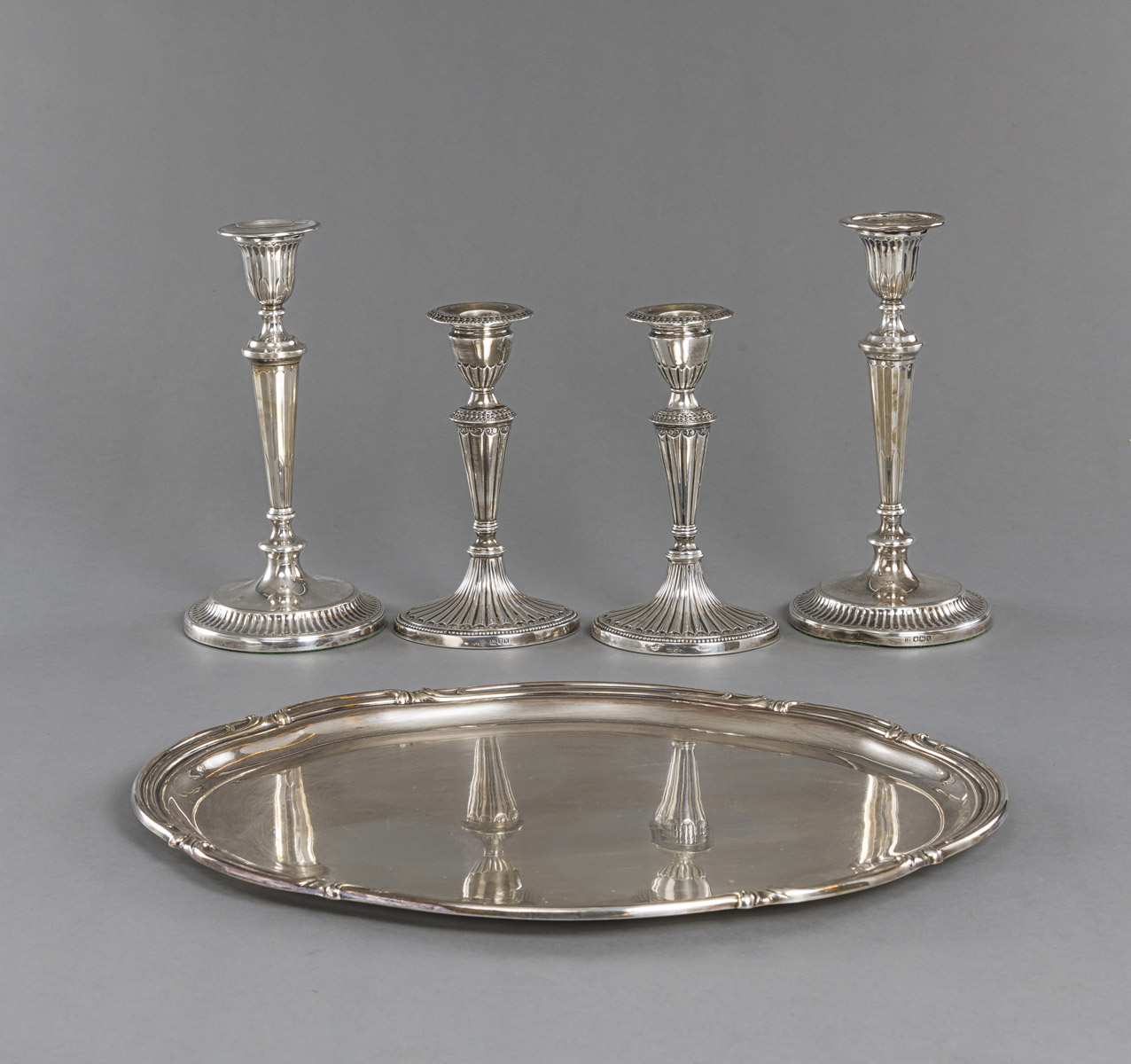 TWO PAIR OF LONDON SILVER CANDLESTICKS AND A GERMAN TRAY - Image 2 of 8