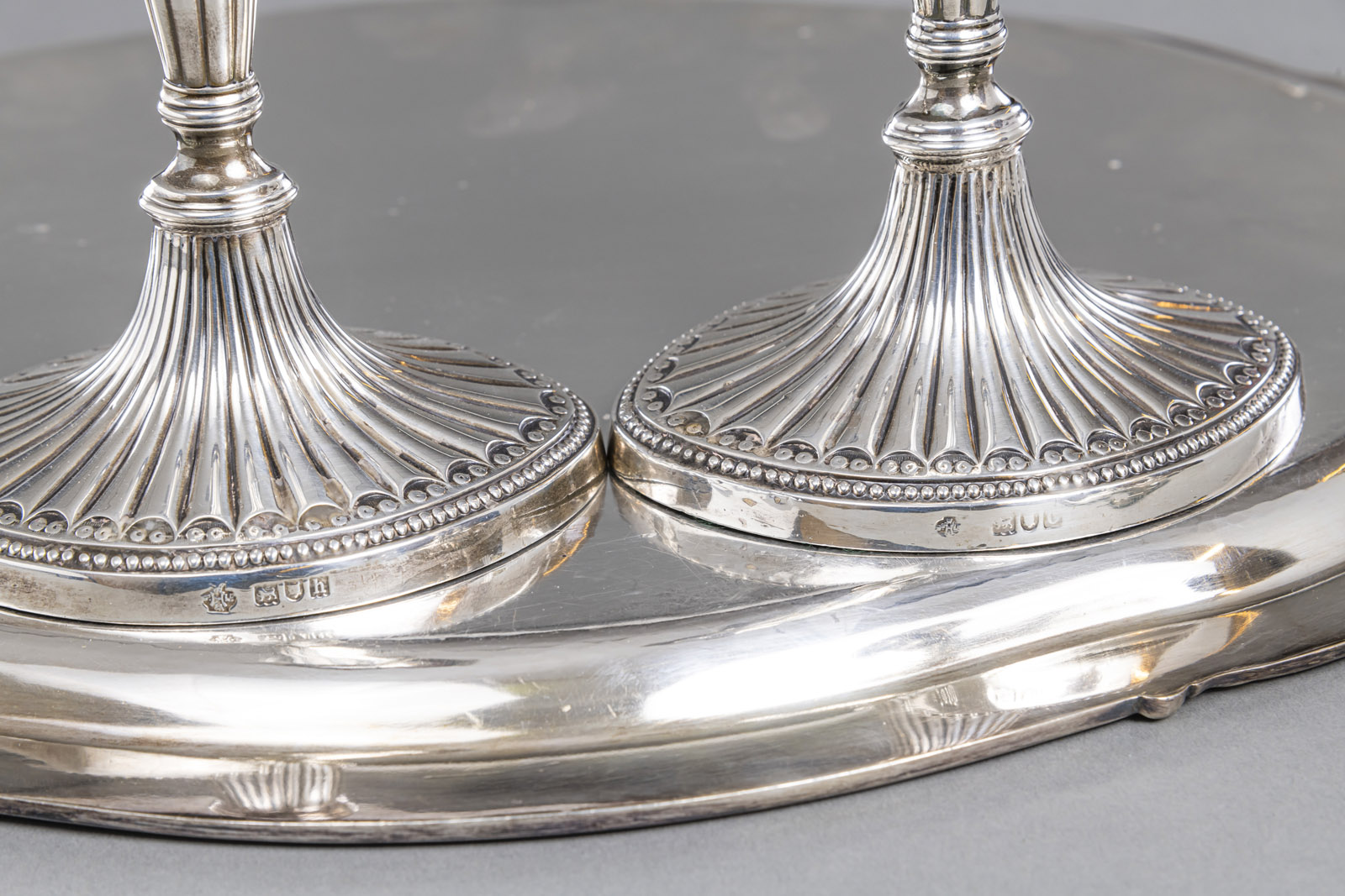 TWO PAIR OF LONDON SILVER CANDLESTICKS AND A GERMAN TRAY - Image 6 of 8