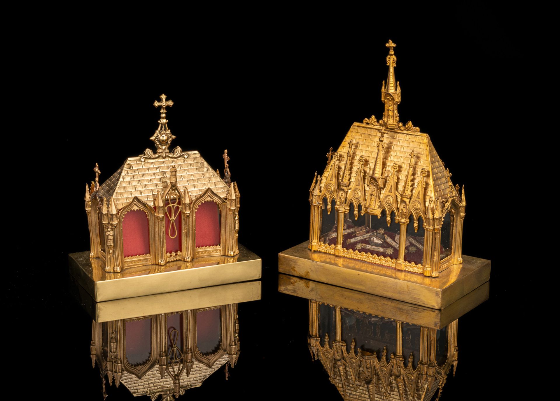 TWO SMALL BRASSGILT RELIQUARY DISPLAY SHRINES - Image 2 of 2