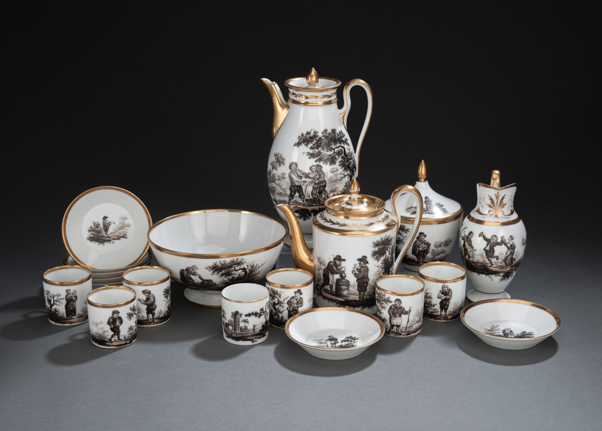 A SEPIA PAINTED AND GILT  NEOCLASSICAL COFFEE AND TEA SERVICE