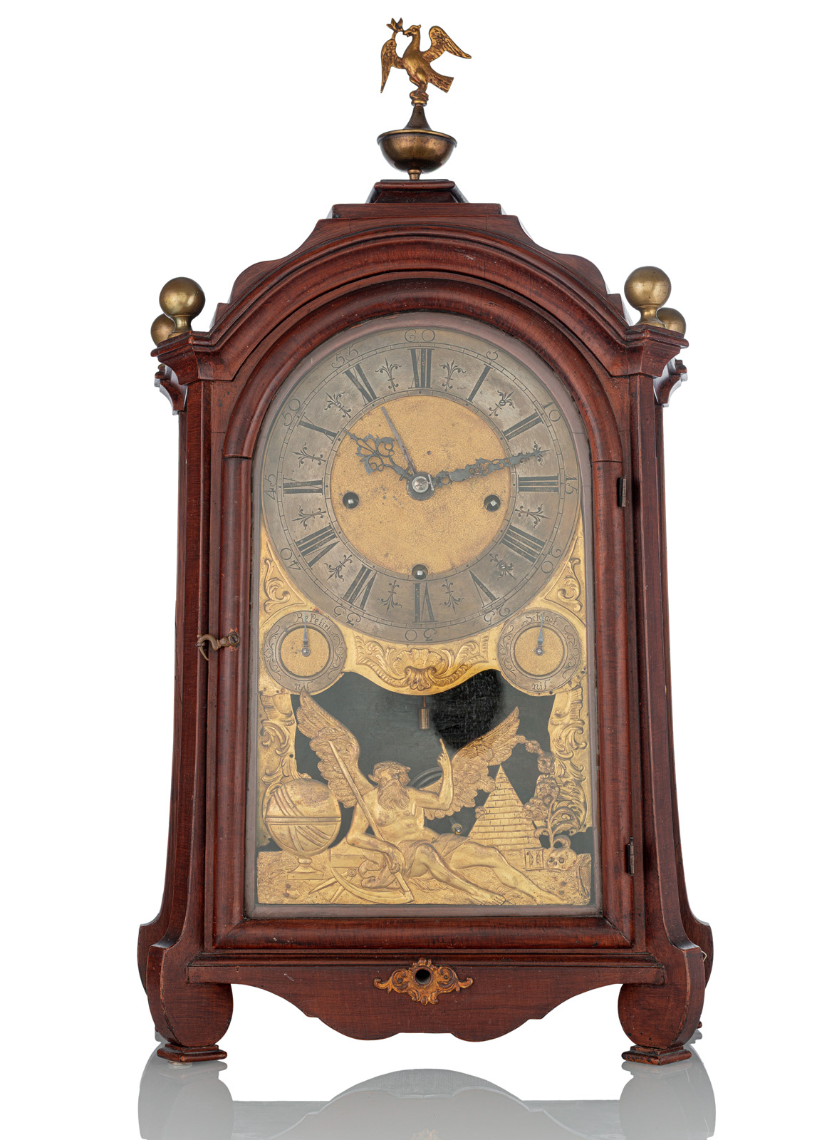 A SOUTH GERMAN BRASS MOUNTED GRAINED WOOD AND DISPLAY "STUTZUHR" CLOCK