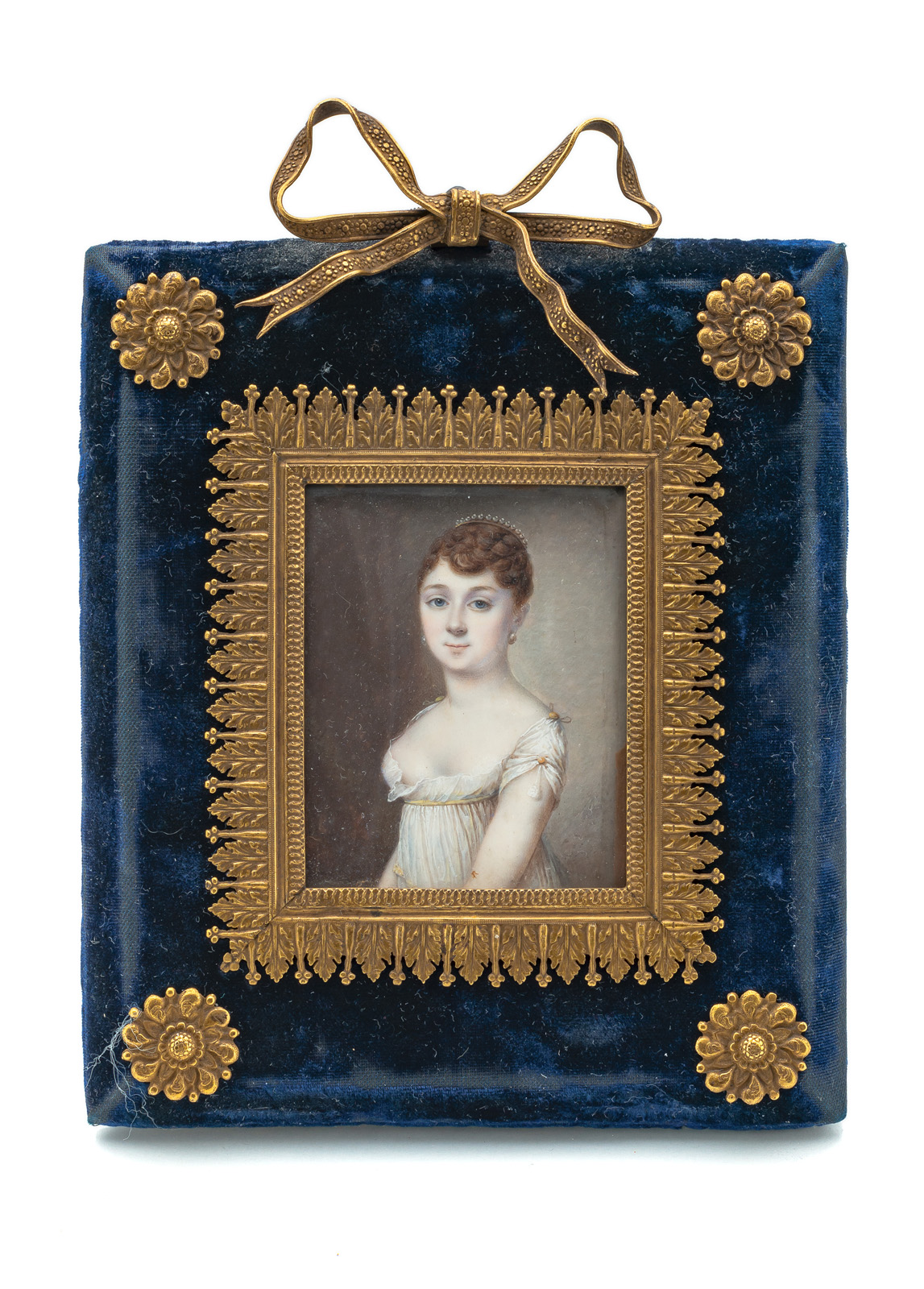 A MINIATURE PORTRAIT OF A YOUNG WOMAN IN A WHITE DRESS WITH PEARL EARRINGS