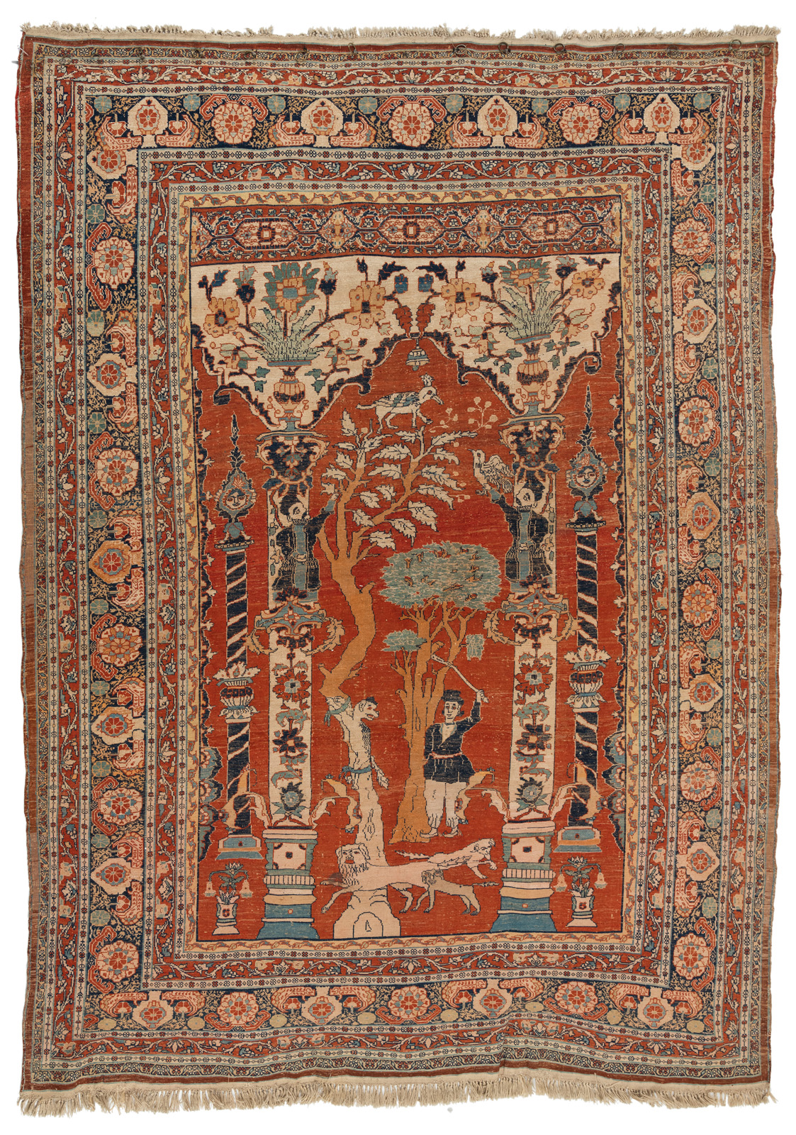 A FINE AND ANTIQUE SILK PRAYER HERIZ RUG WITH FIGURAL SCENE - Image 6 of 6