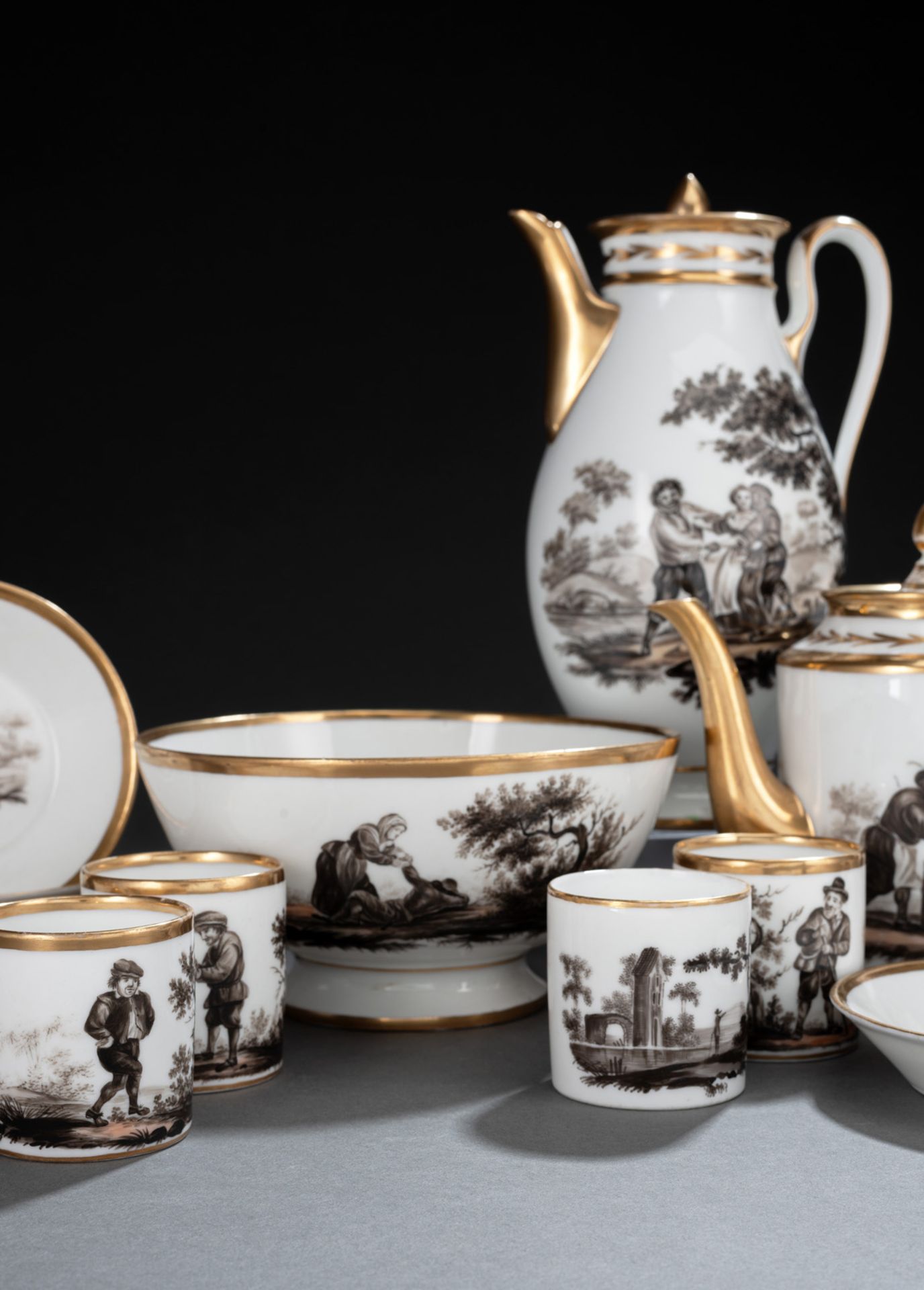 A SEPIA PAINTED AND GILT  NEOCLASSICAL COFFEE AND TEA SERVICE - Image 2 of 2