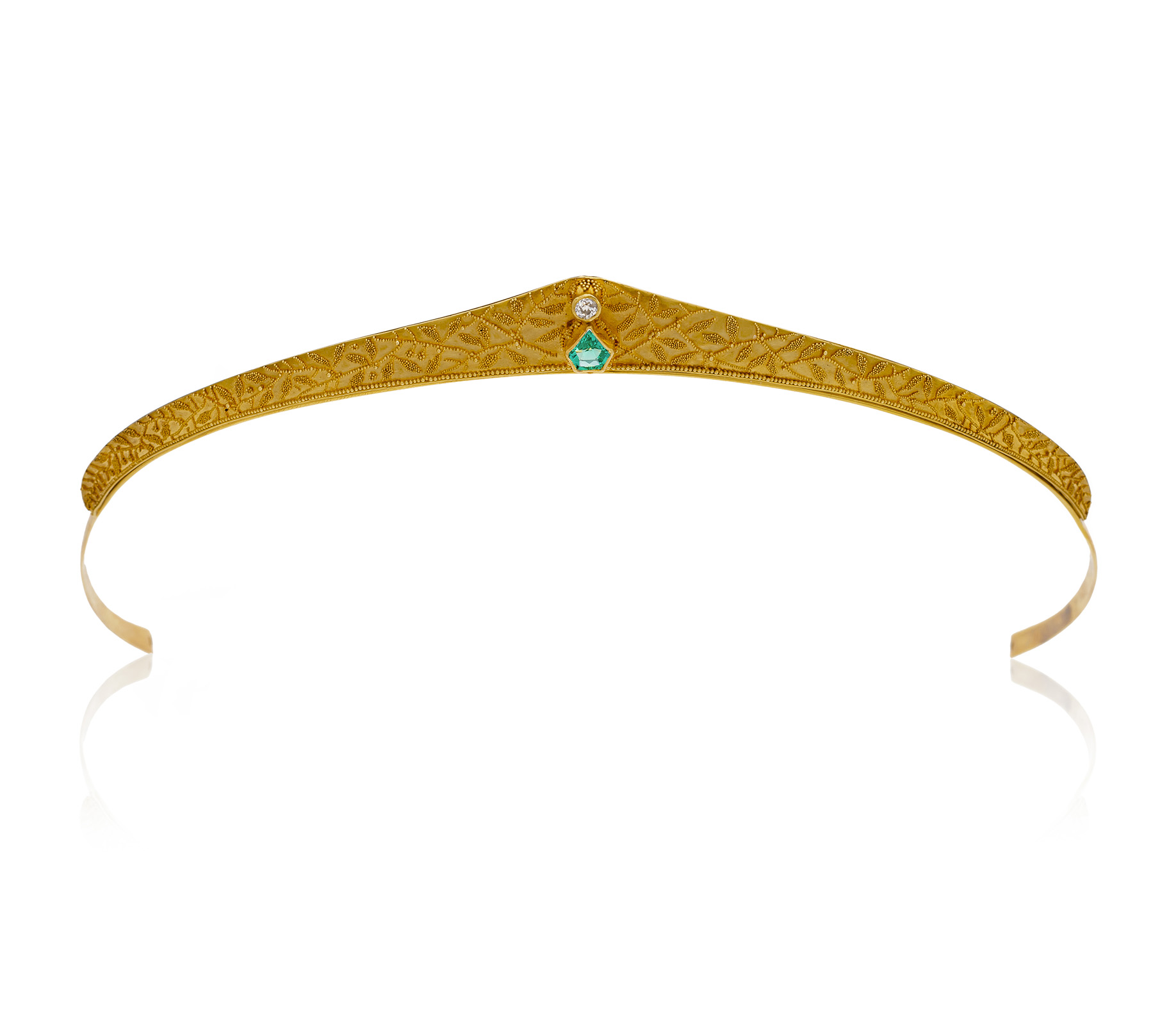 A FINE ANTIQUE-STYLE DIAMOND AND EMERALD SET GOLD TIARA WITH FINE GRANULATION - Image 8 of 9