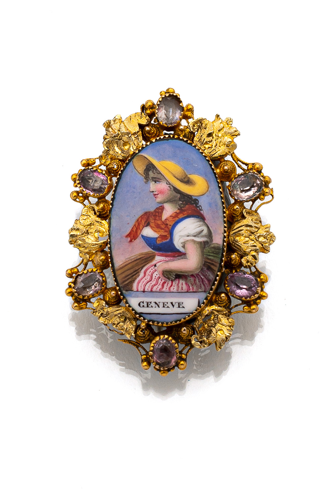 A SWISS ENAMELLED BROOCH WITH A GIRL FROM GENEVA