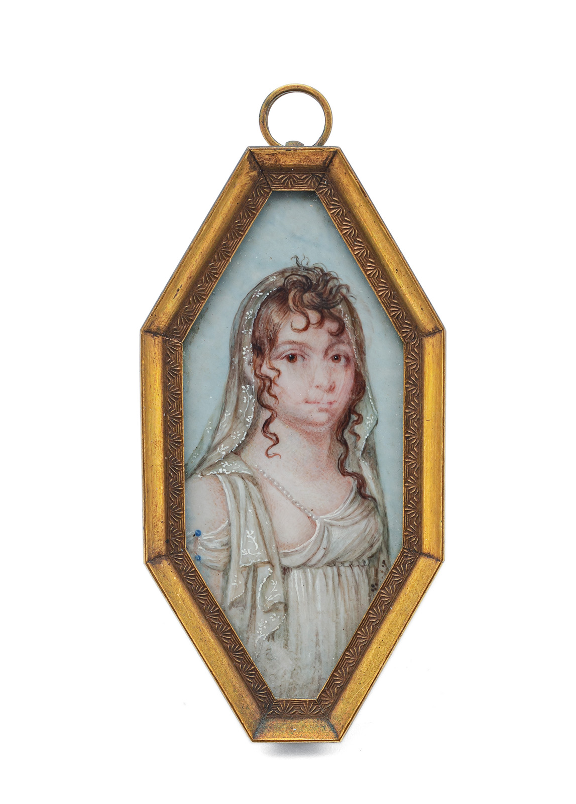 A PORTRAIT MINIATURE OF A YOUNG LADY WITH ANTIQUE STYLE DRESS