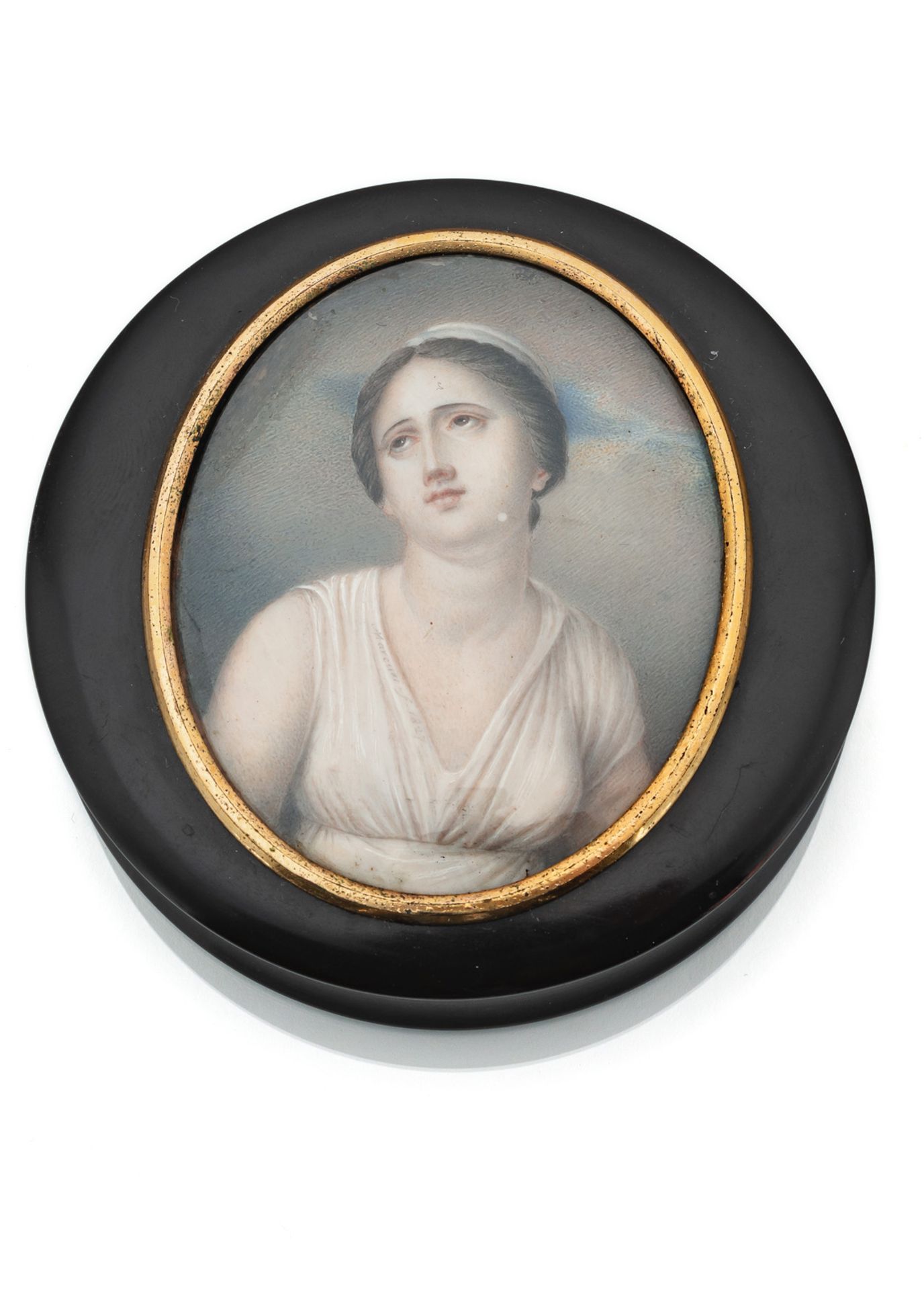 A TORTOISESHELL TABATIERE WITH A PORTAIT OF A YOUNG LADY