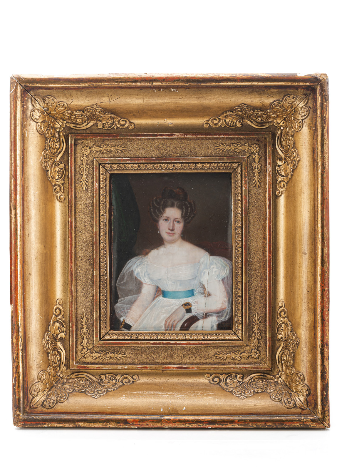 A PORTRAIT MINIATURE OF A YOUNG LADY IN A WHITE DRESS