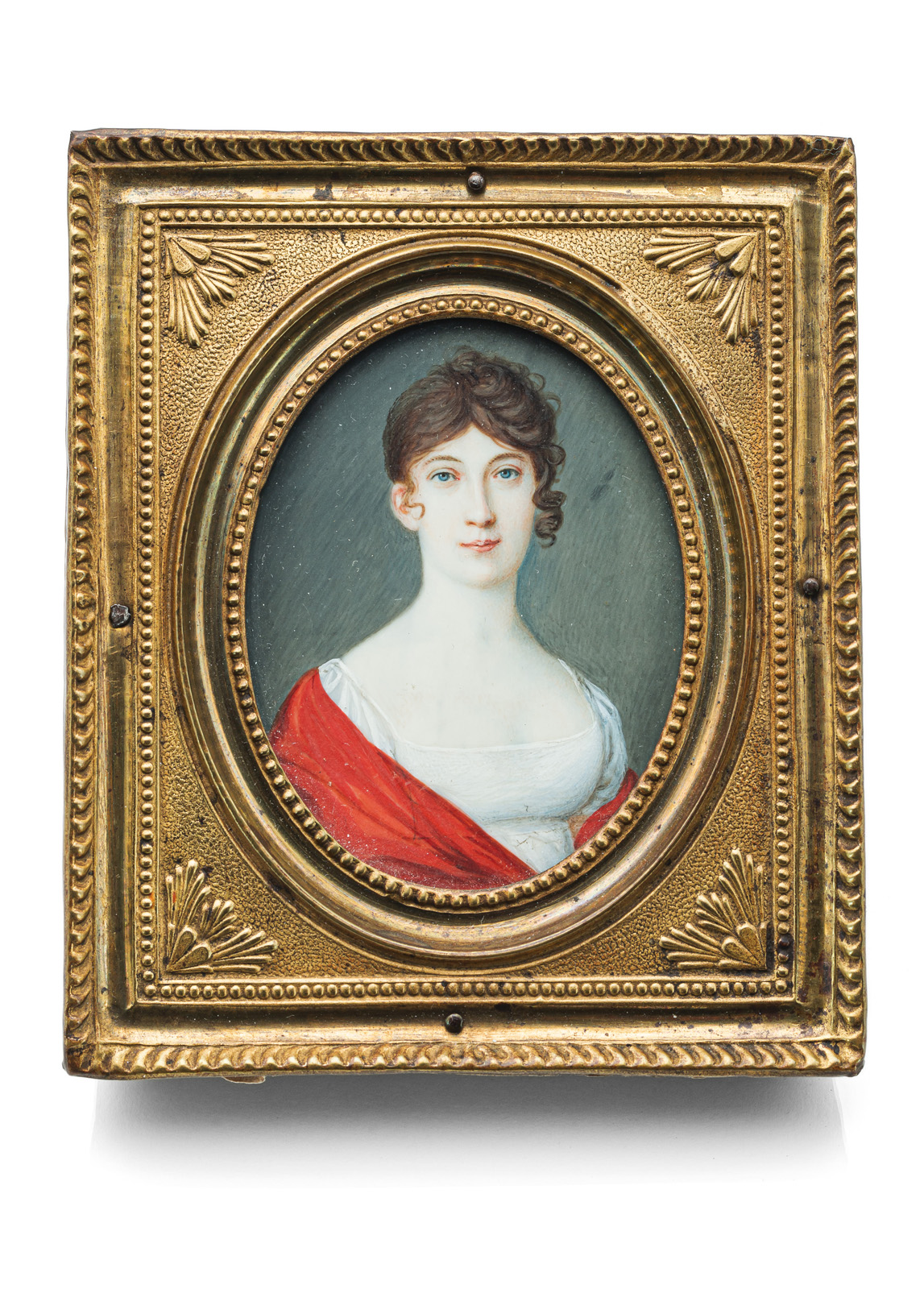 A PORTRAIT MINIATURE OF A YOUNG LADY WITH A RED SCARF