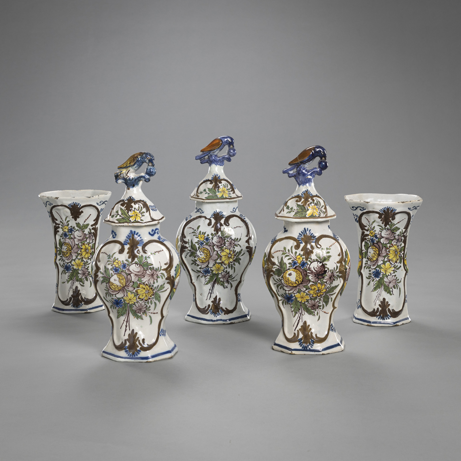 A SET OF 5 DELFT FAIENCE VASES
