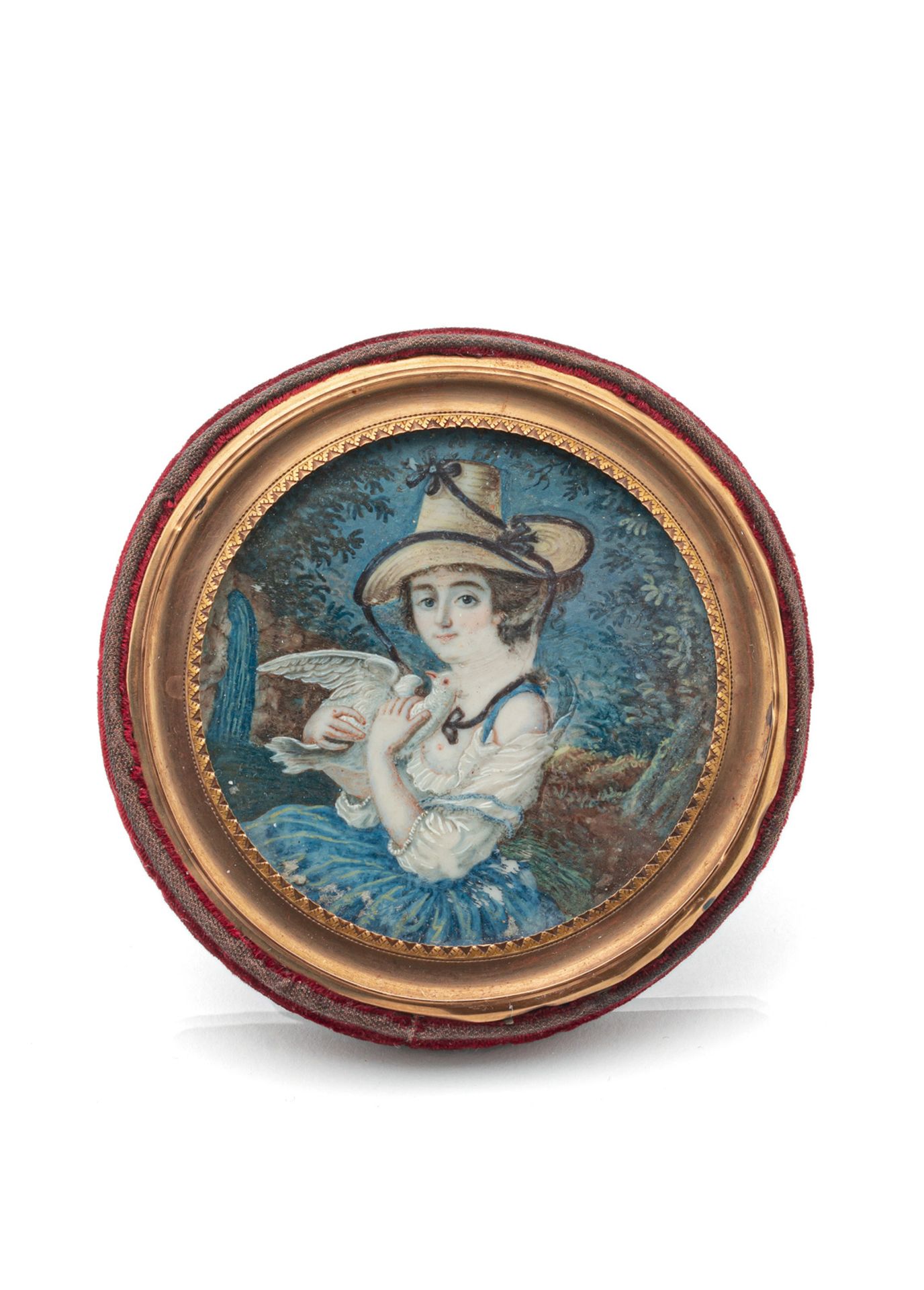 A HALF PORTRAIT OF A YOUNG LADY WITH HAT AND PIGEON