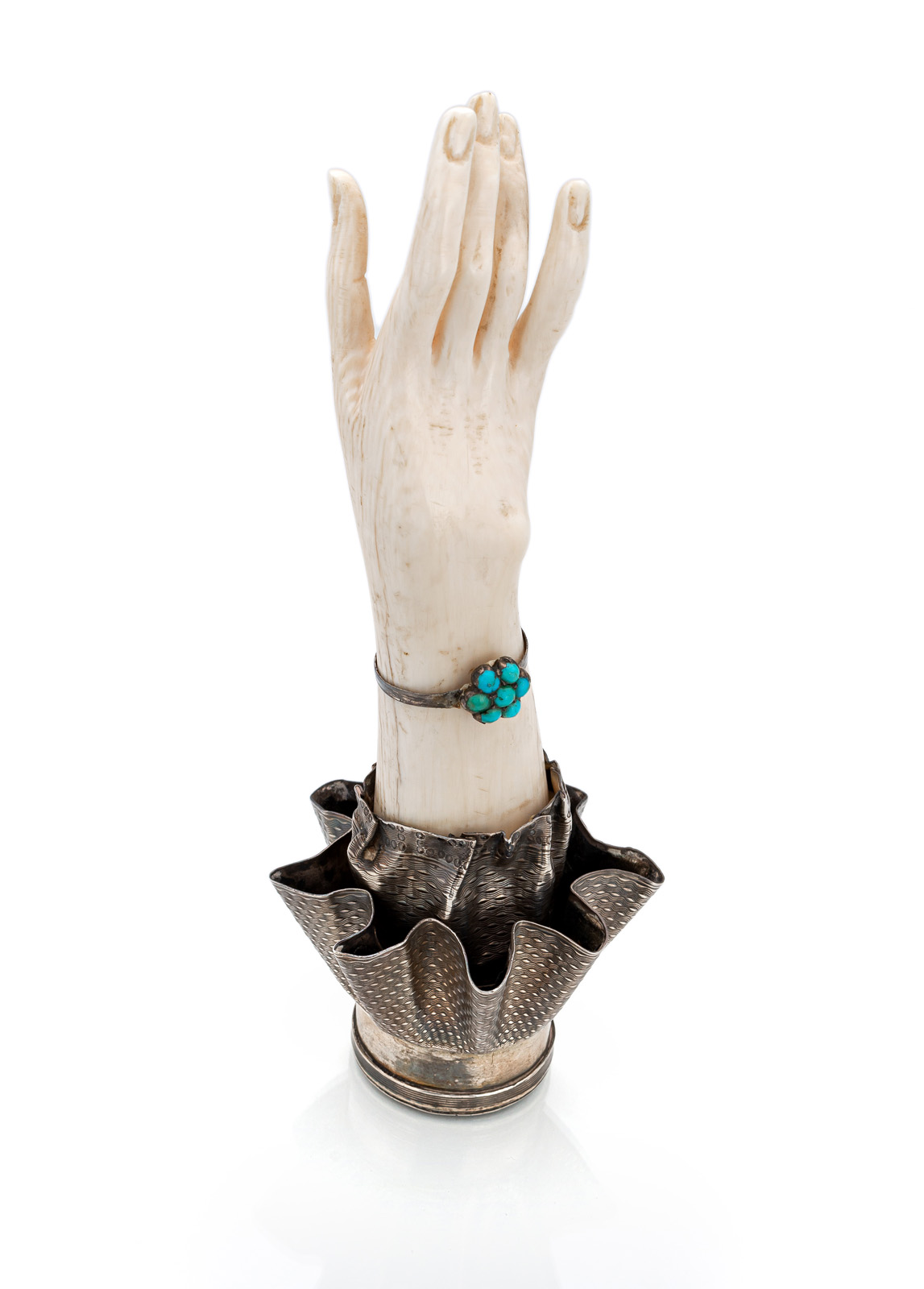 AN ART NOUVEAU HAND SHAPED IVORY AND SILVER SEAL