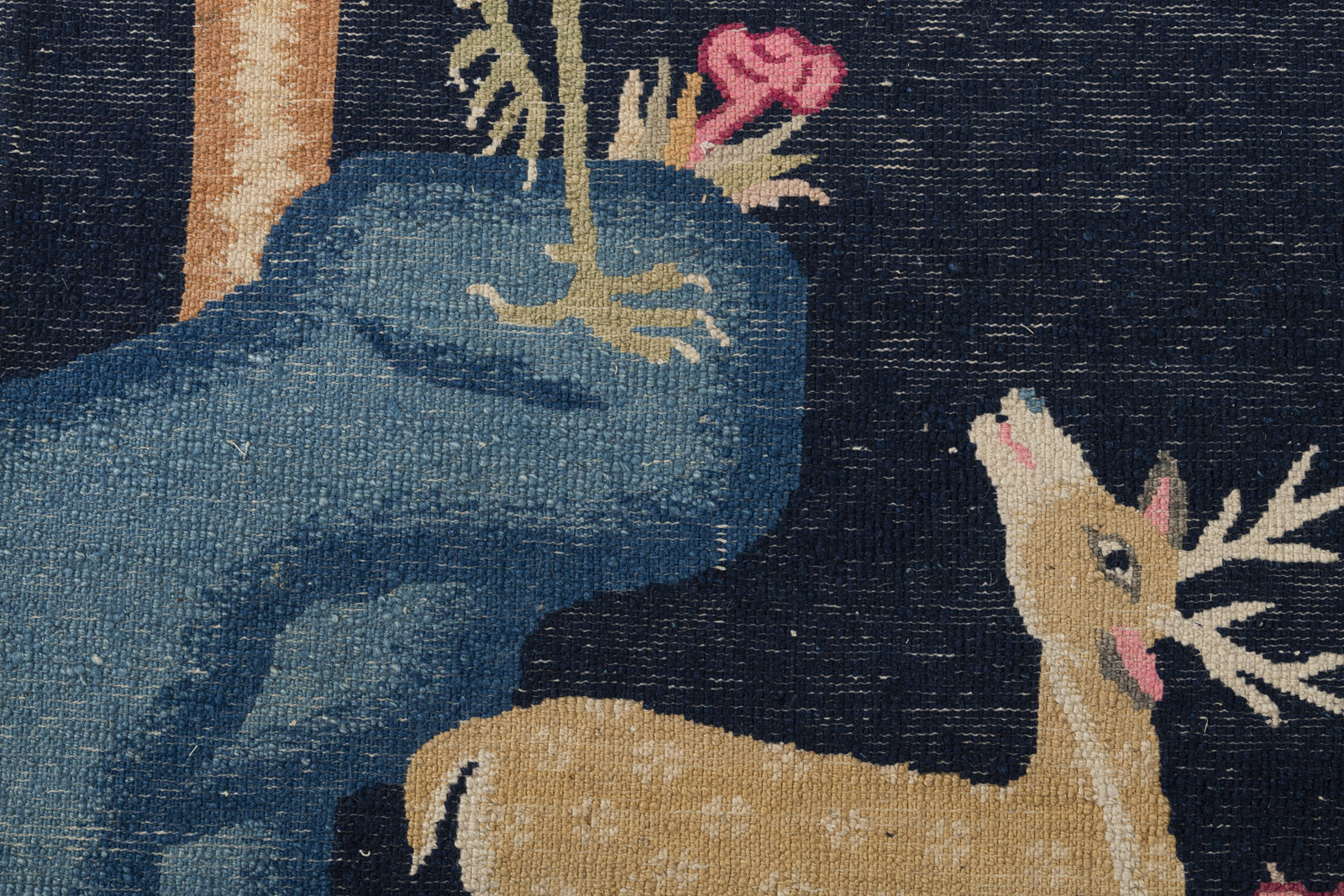 THREE DARK BLUE CARPETS DEPICTING ANTIQUES AND 'CRANE AND DEER' SYMBOLS - Image 11 of 12