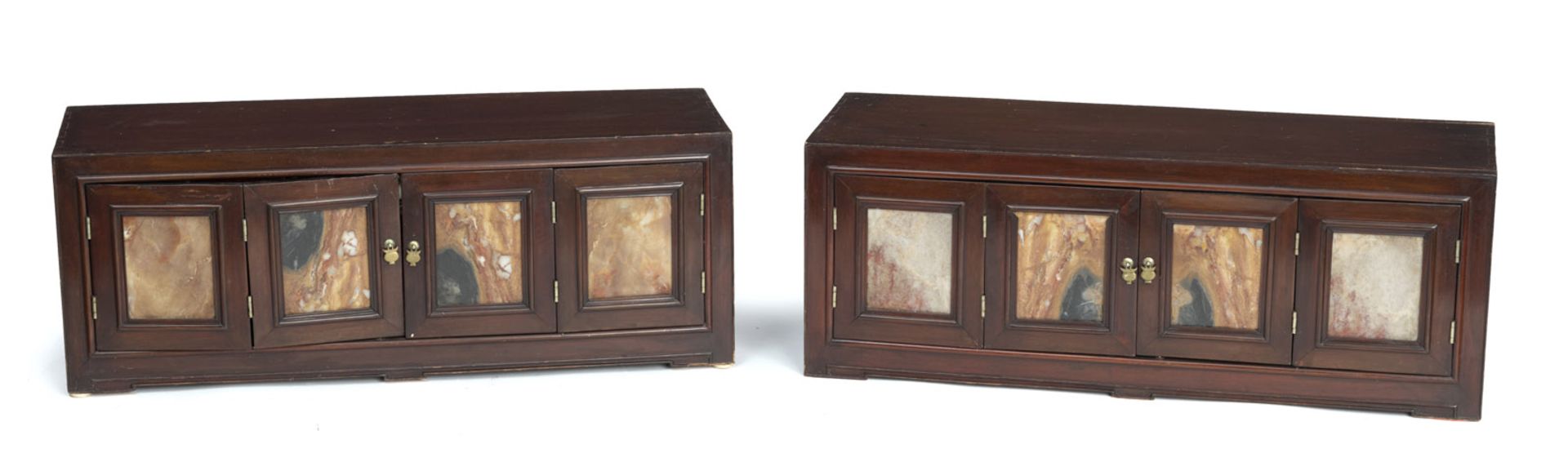 A PAIR OF FLAT WOODEN CUPBOARDS (MUNGAB), EACH WITH HINGED TWO-PARTS DOORS, INLAID WITH MARBLE PANE