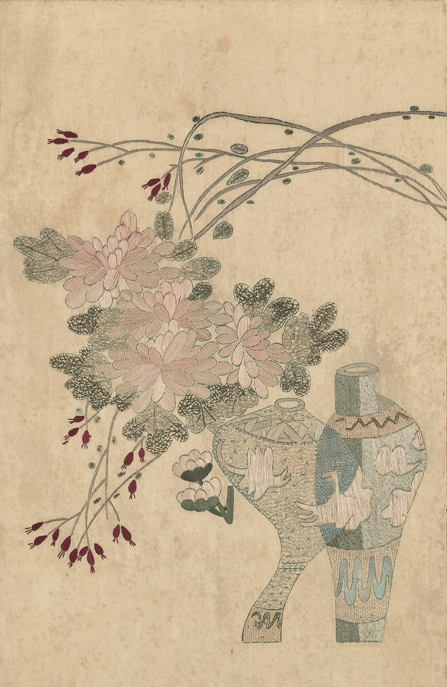 A FLORAL AND ANTIQUITIES SILK EMBROIDERY