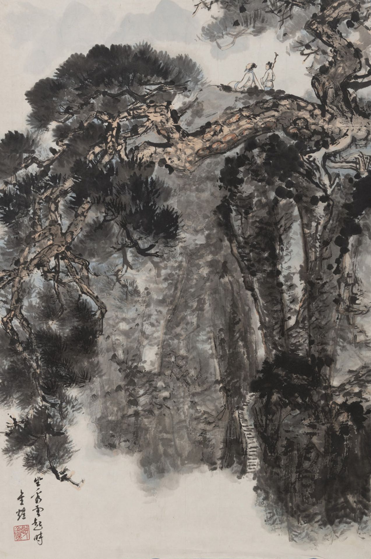 Jin Yu (1941- ): zwei Kalligrafien und eine Berglandschaftsmalerei. Tusche und Farben auf Papier - Bild 2 aus 3