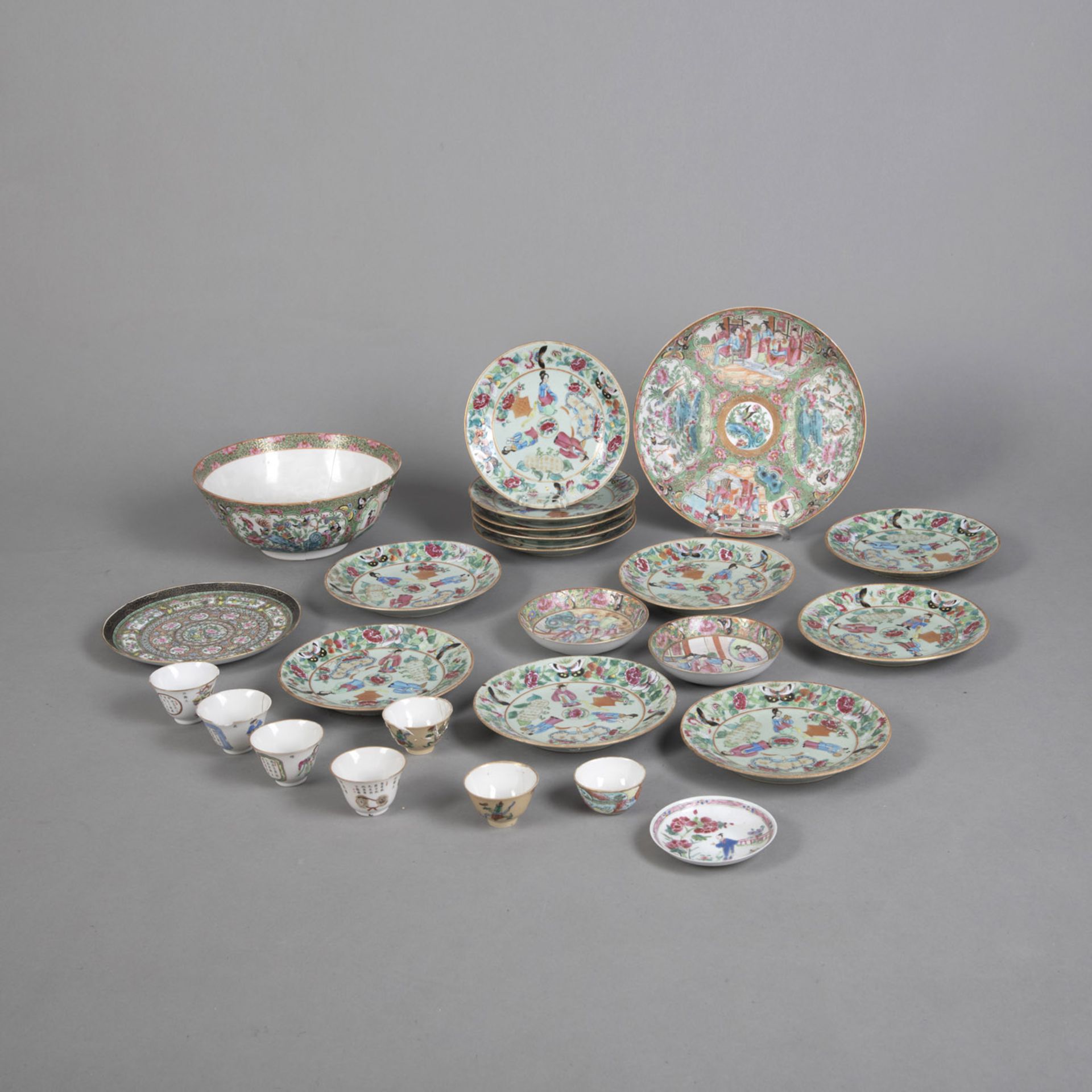 FOURTEEN 'FAMILLE ROSE' PORCELAIN DISHES, A BOWL, SEVEN CUPS, AND THREE SAUCERS