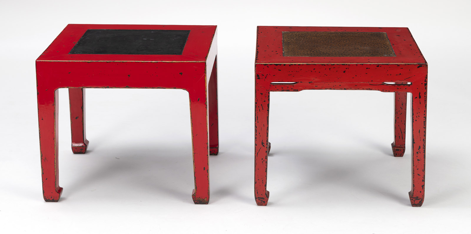TWO SQUARE WOODEN STOOLS, PARTLY RED LACQUERED - Image 2 of 6