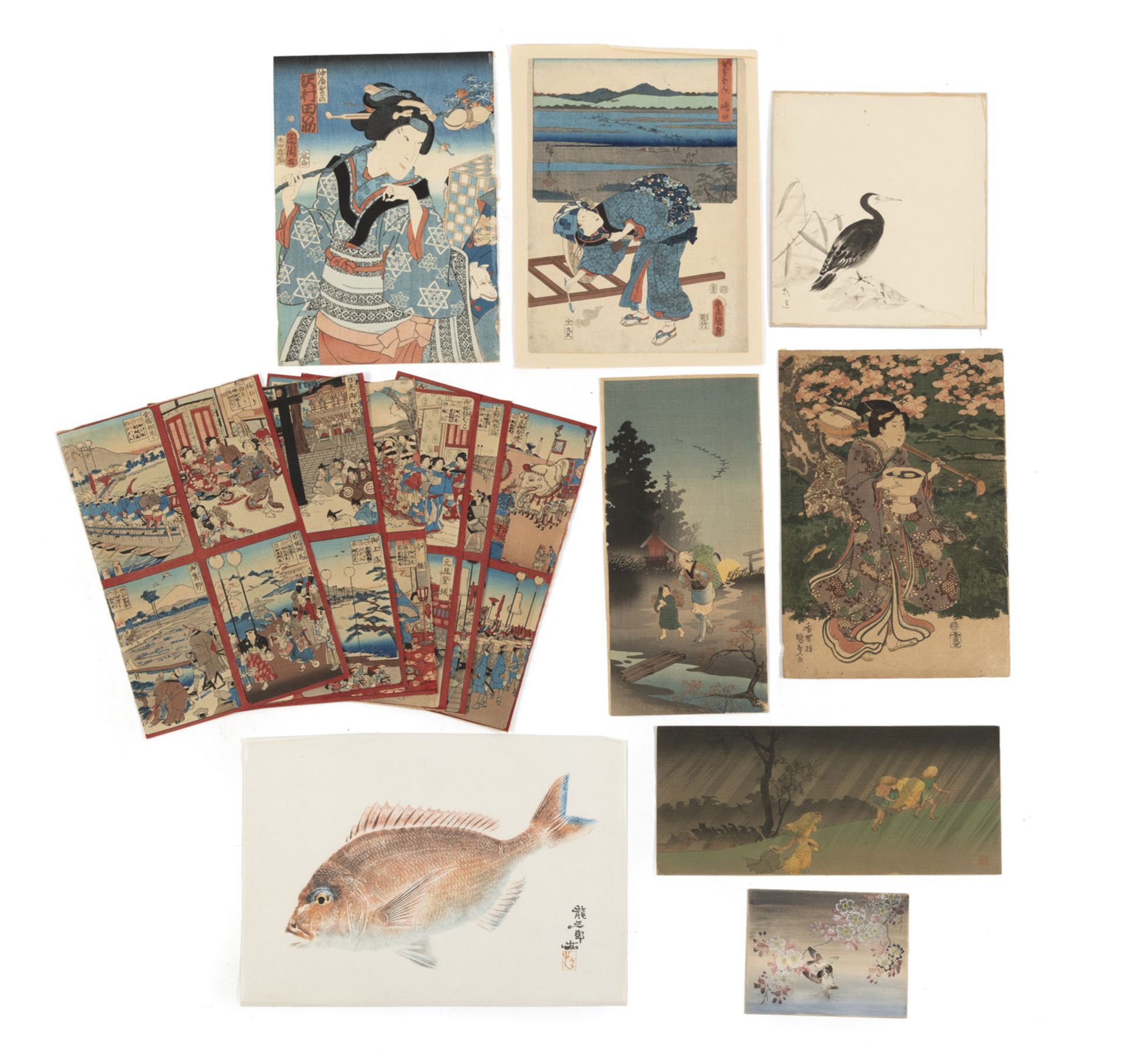 A GROUP OF PAINTINGS, WOODBLOCK PRINTS, BOOK PAGES, AND REPRINTS