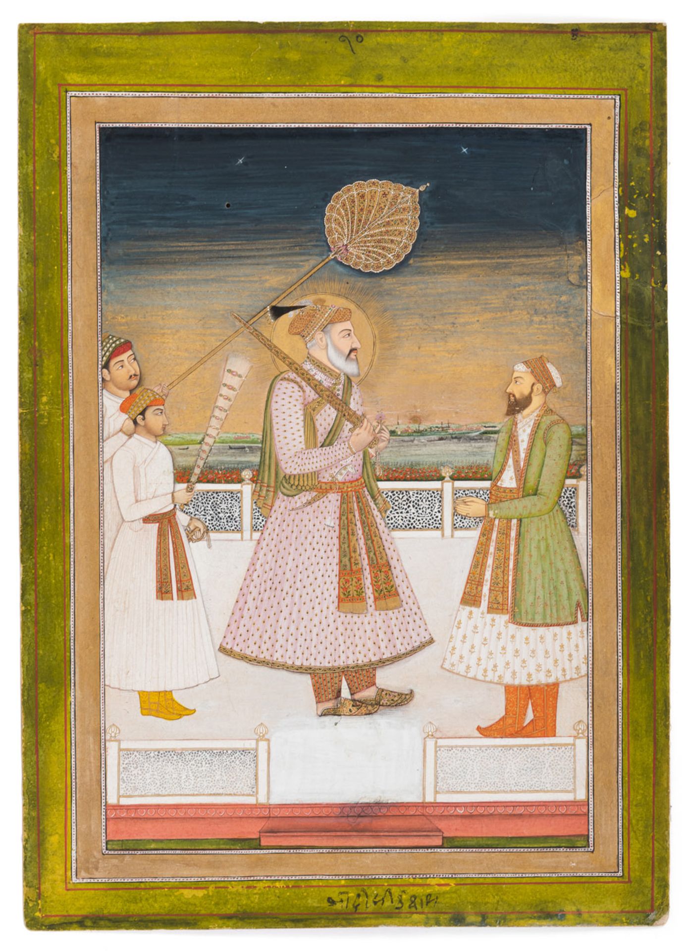 A FINE PAINTING IN GOUACHE AND GOLD OF THE MUGHAL EMPEROR SHAH JAHAN, SIGNED ON THE BACK AND FRONT - Image 2 of 3