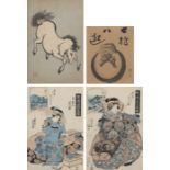 Zwei Farbholzschnitte von Keisai Eisen (1790-1848), ein Holzschnitt mit Pferdedarstellung und eine