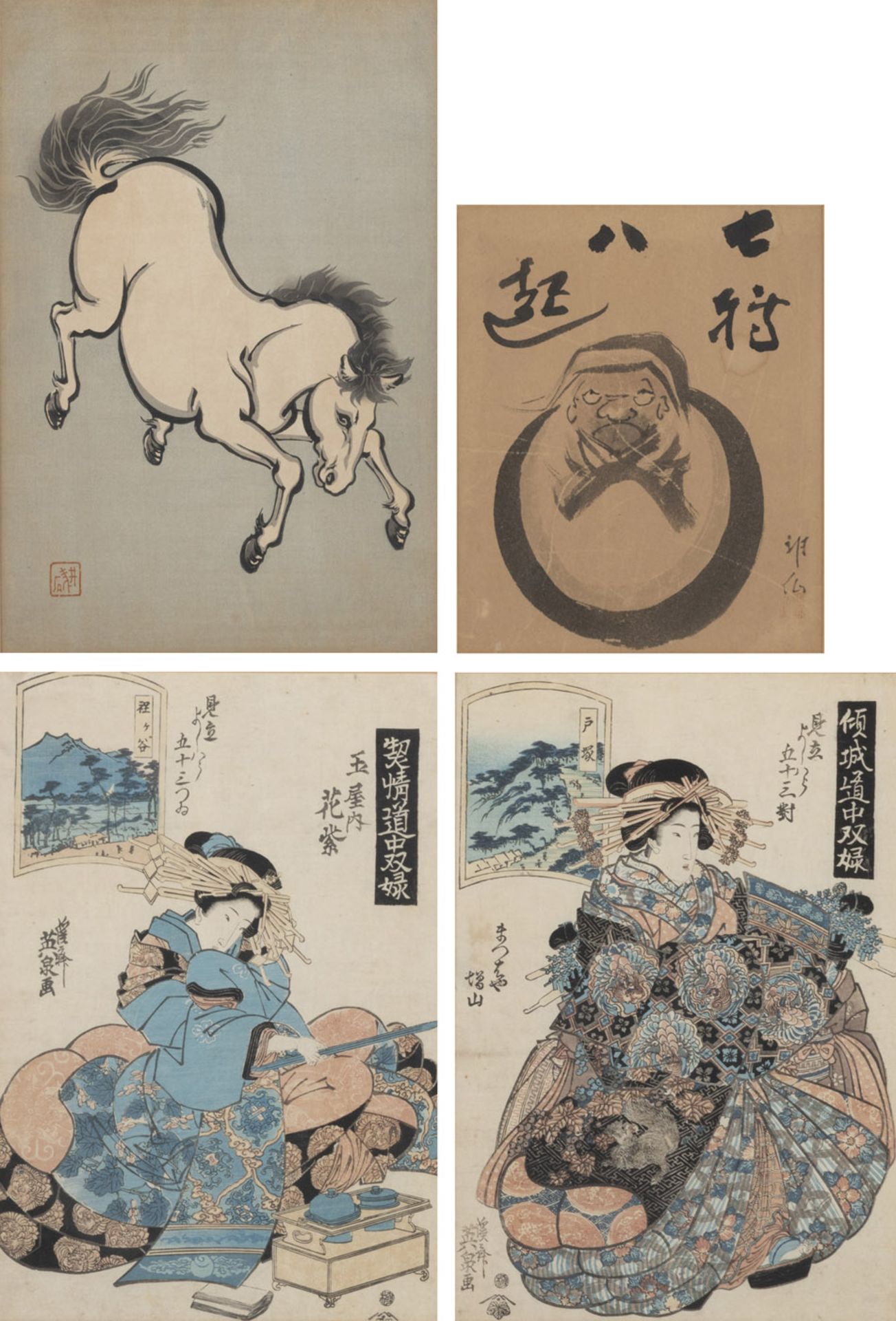 TWO WOODBLOCK PRINTS FROM KEISAI EISEN (1790-1848), A HORSE PRINT, AND A ZEN PAINTING