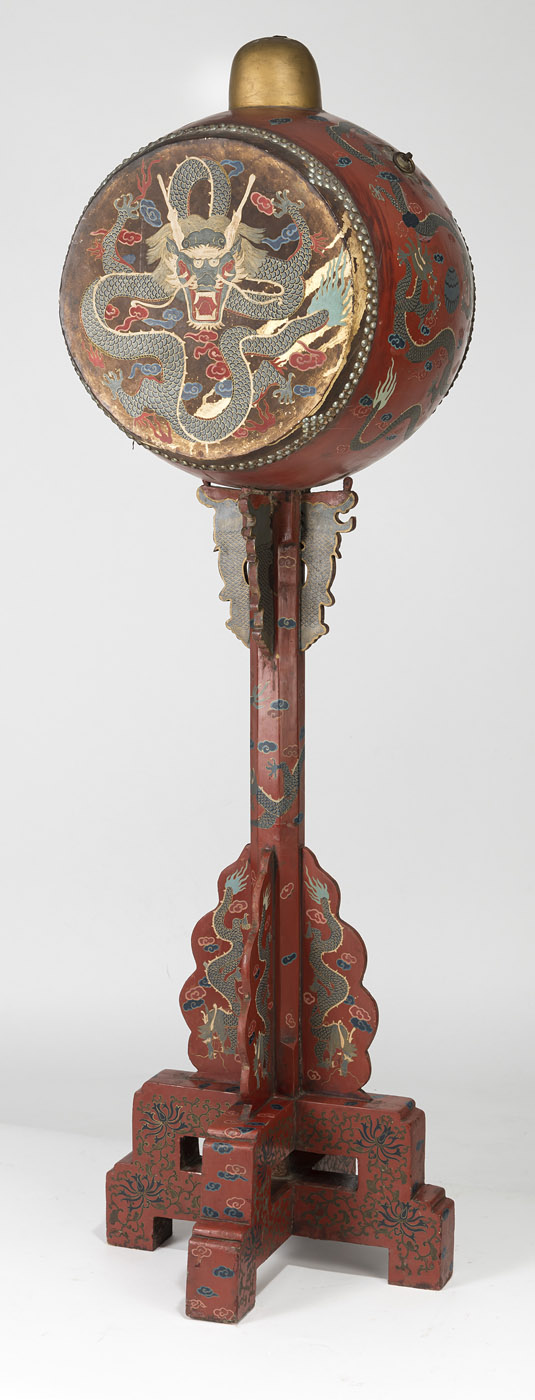 A LARGE DRUM ON A RED-LACQUERED STAND WITH DRAGONS - Image 6 of 7