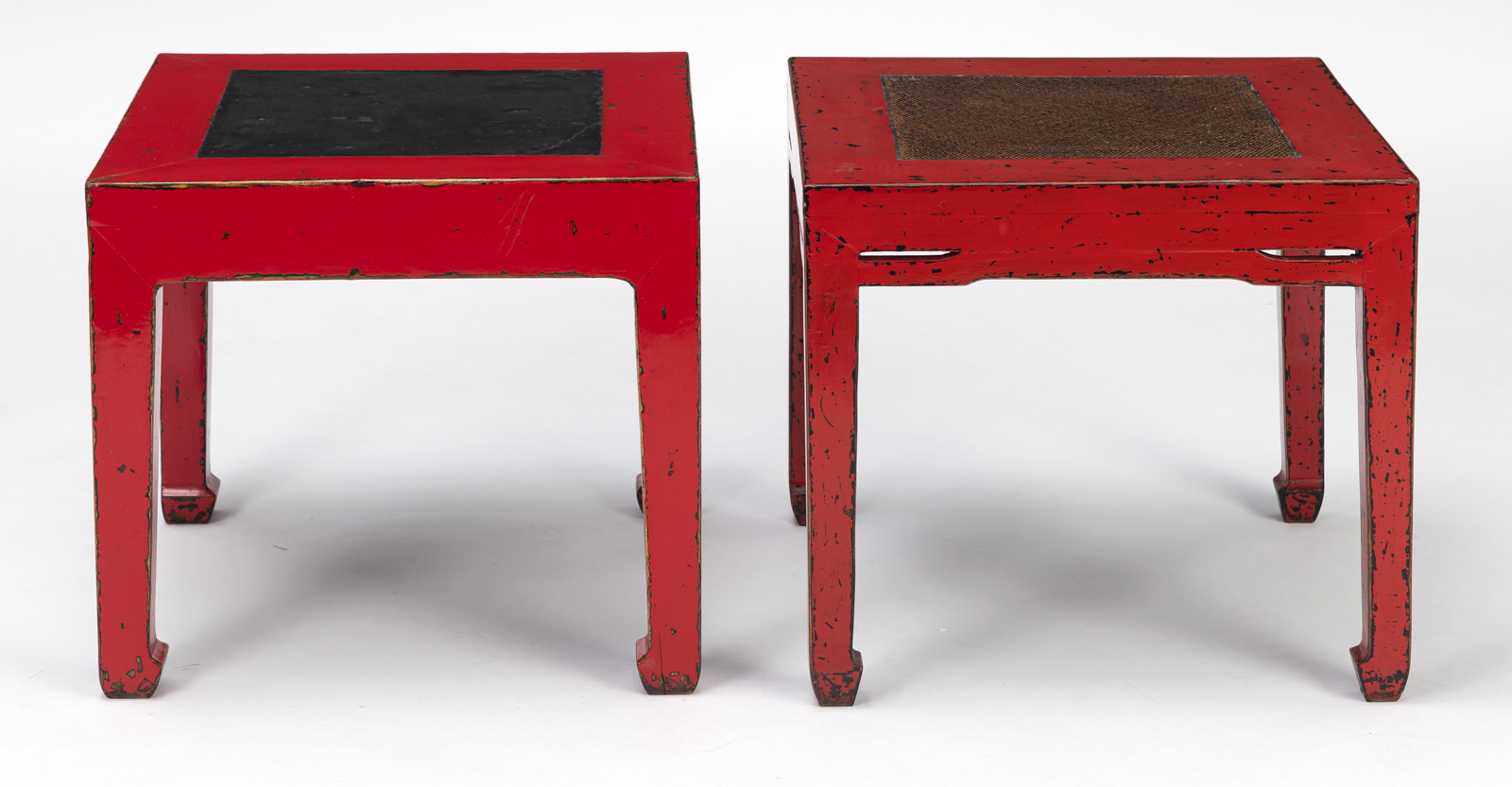 TWO SQUARE WOODEN STOOLS, PARTLY RED LACQUERED - Image 4 of 6