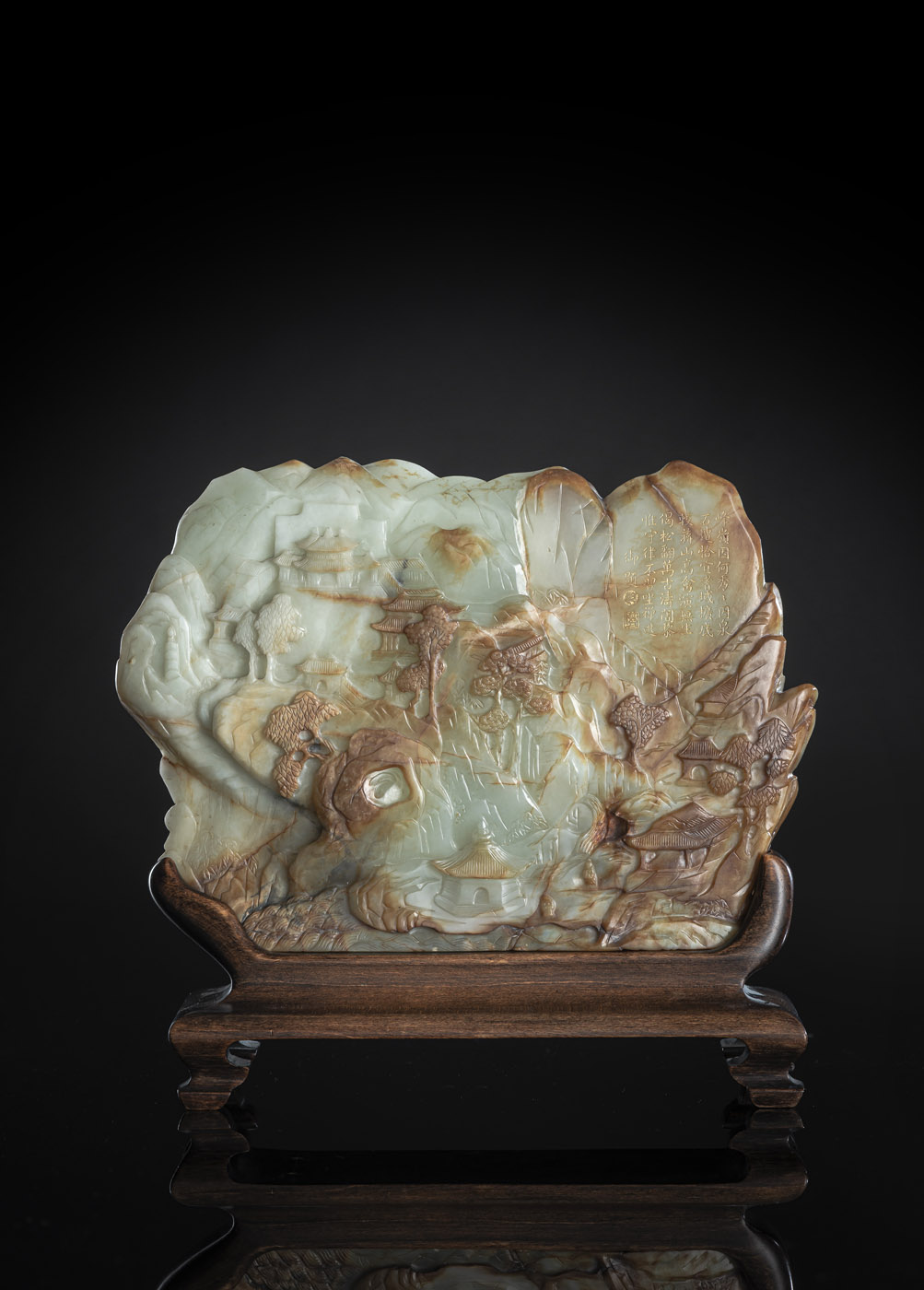 A FINE CARVED GREEN AND RUSSET JADE BOULDER WITH A QIANLONG POEM - Image 3 of 7