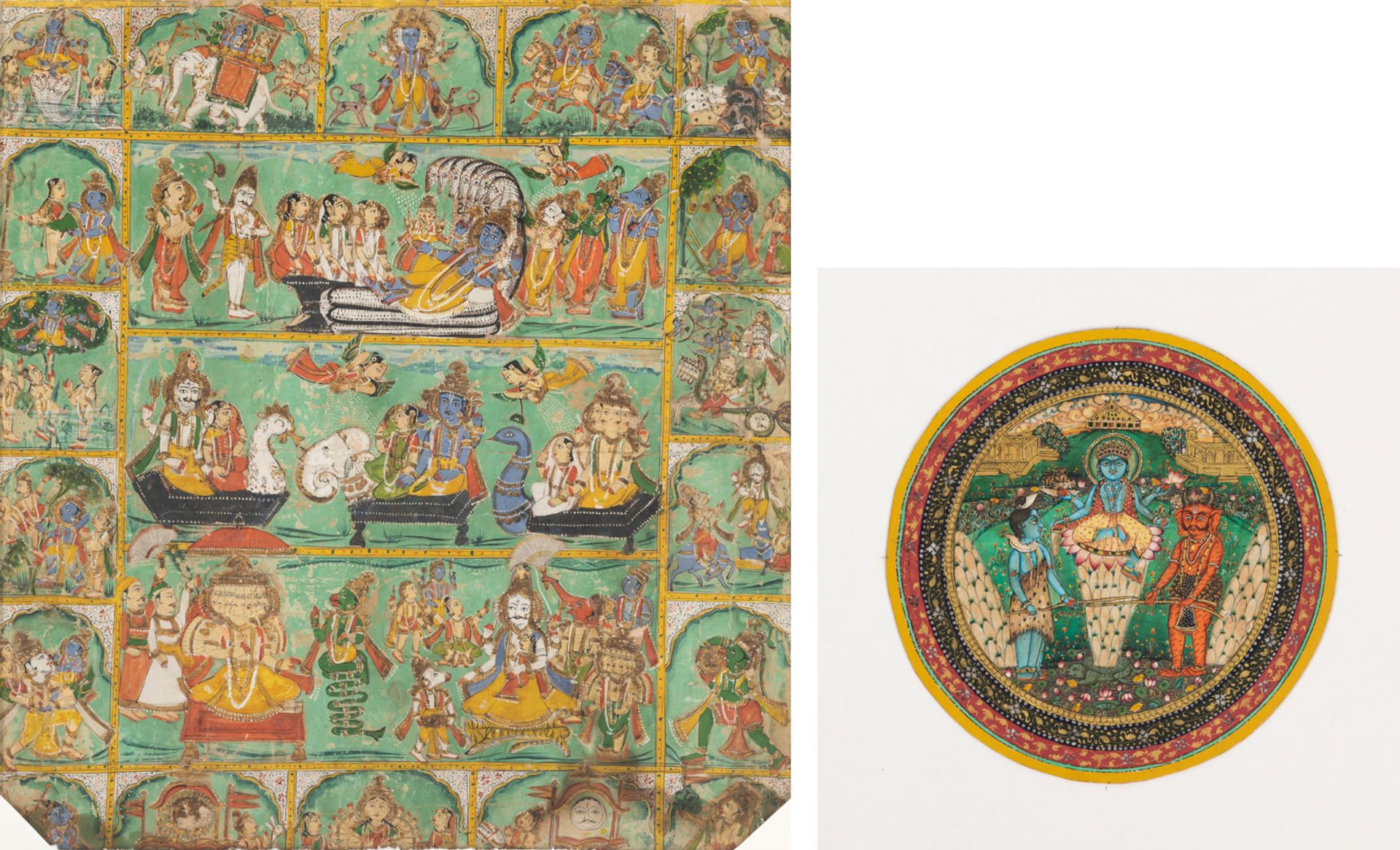 TWO POLYCHROME GOUACHE PAINTINGS, F:EX: WITH FIGURAL SCENES OF KRISHNA´S LIFE