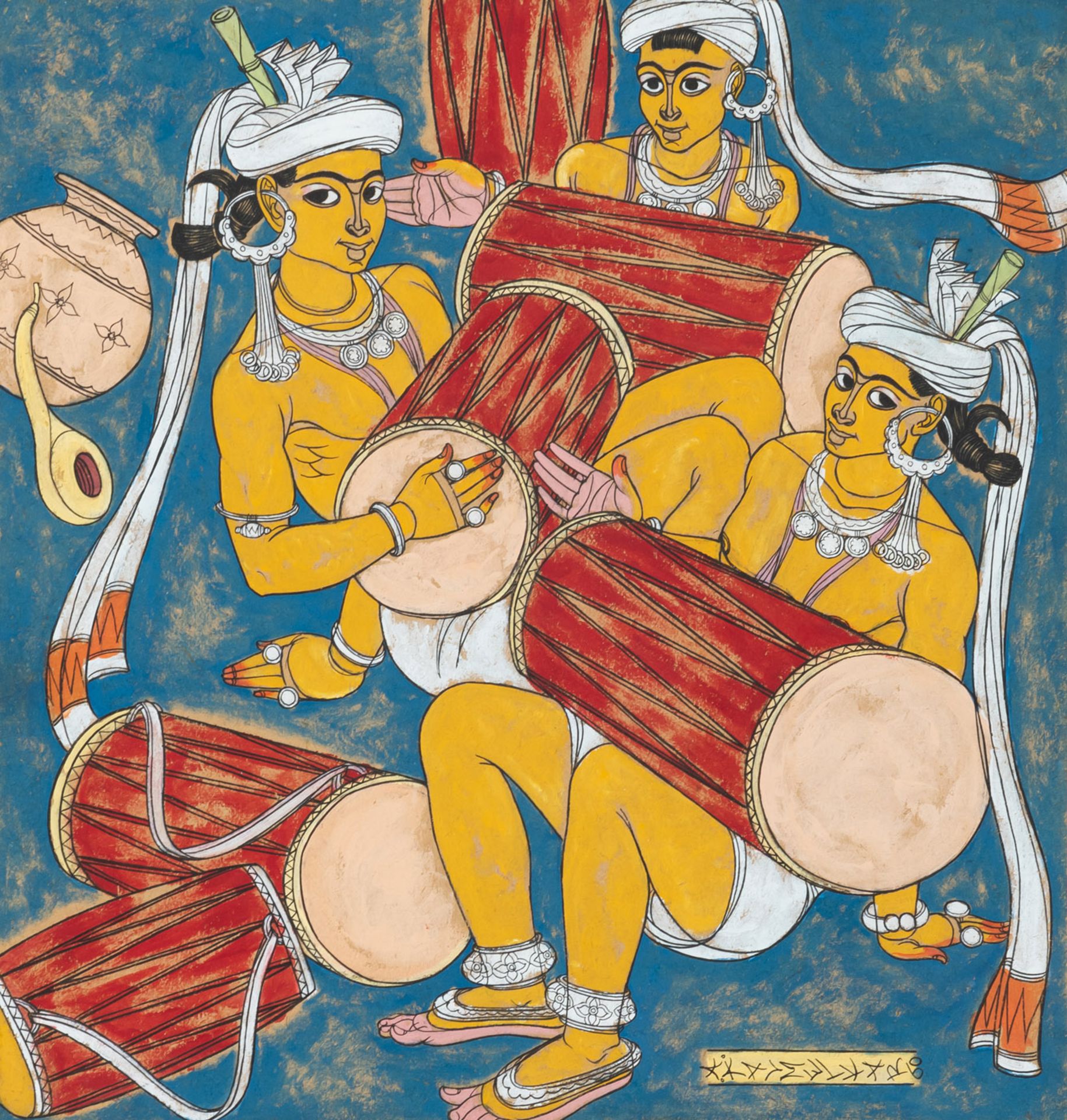 A POLYCHROME PAINTING OF MUSICIANS