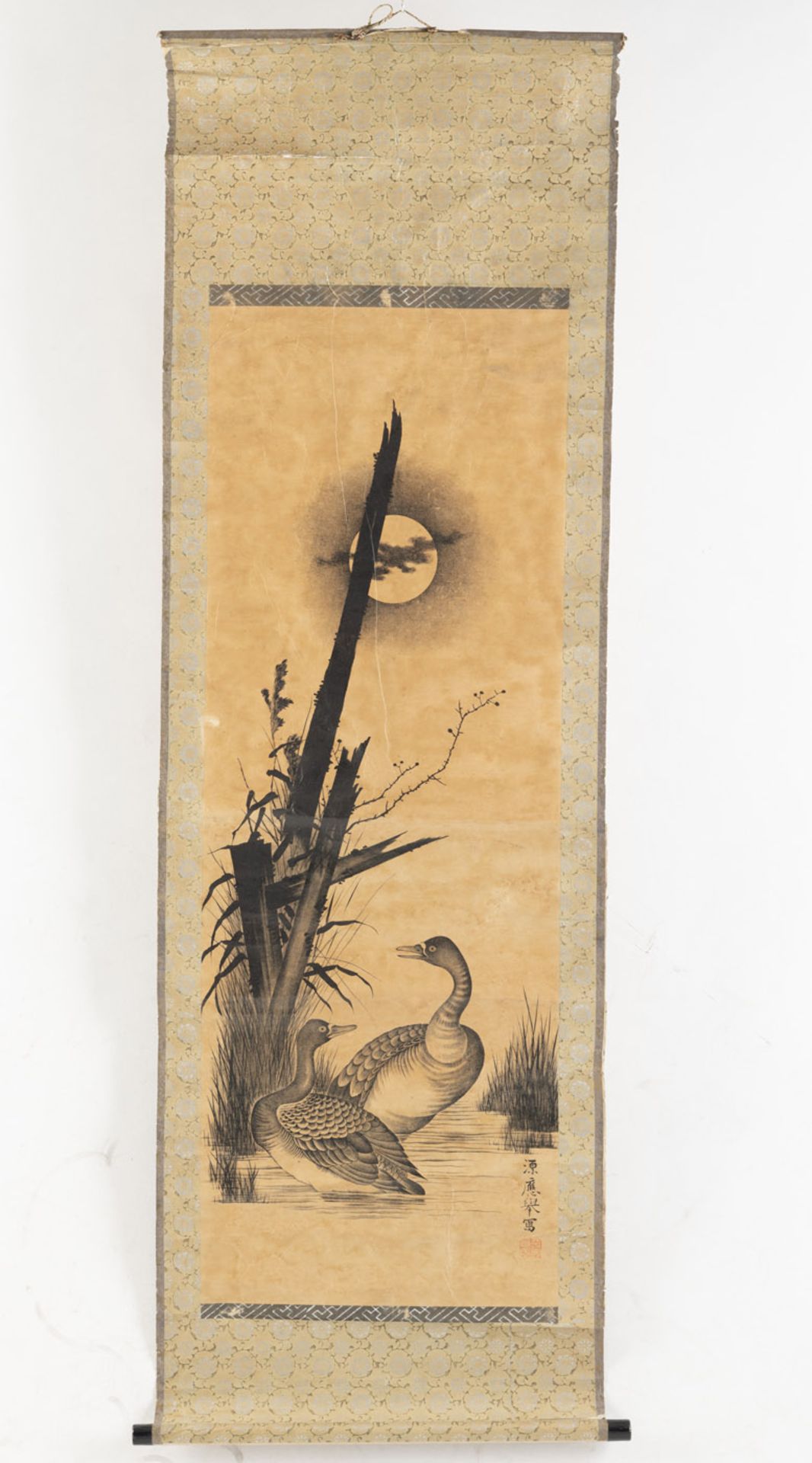 FOUR HANGING SCROLLS WITH DIFFERENT DEPICTIONS: ESCAPE FROM THE RAIN, A RIVER LANDSCAPE, A PAIR OF - Image 10 of 17