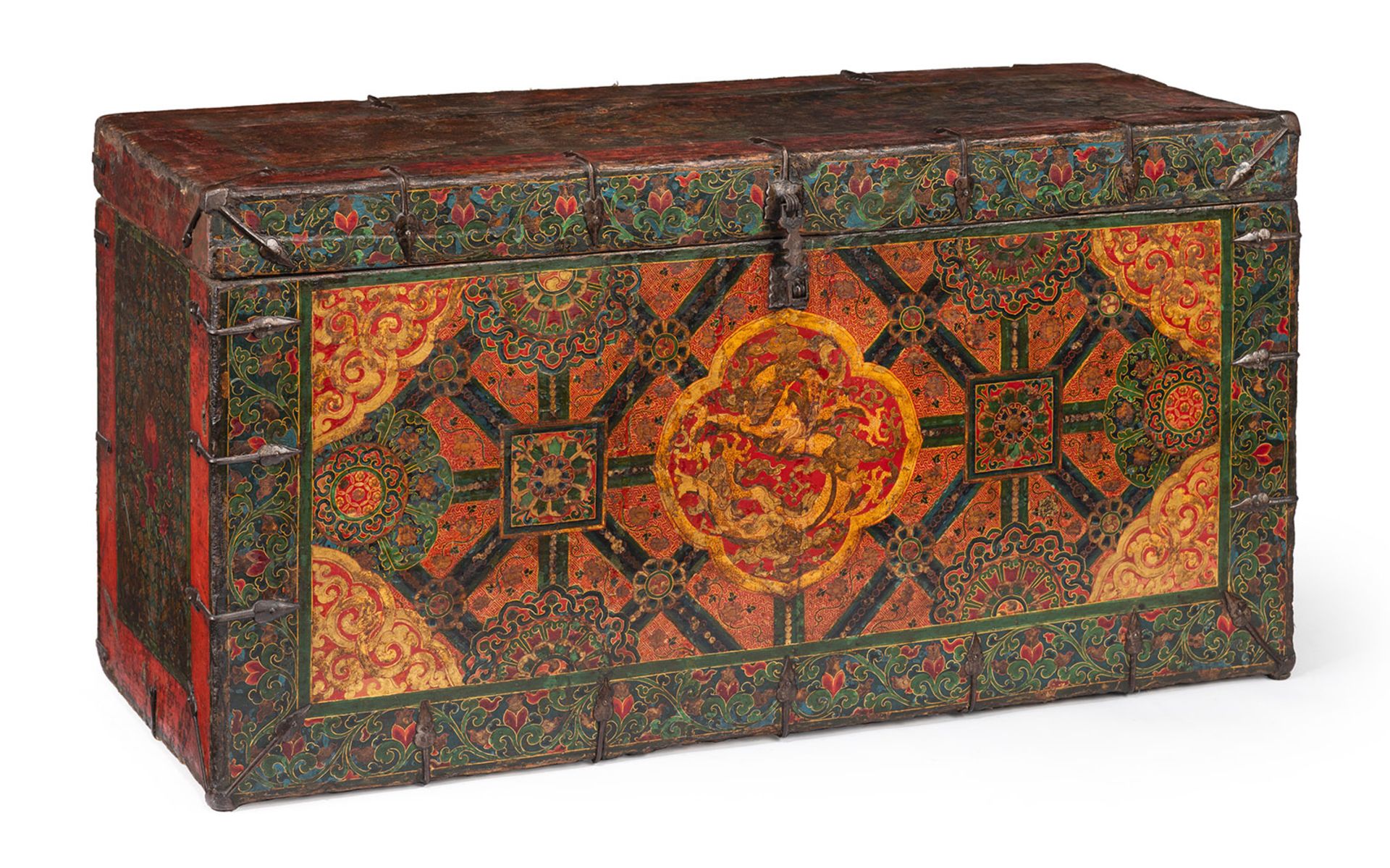 A POLYCHROME WOOD STORAGE TRUNK