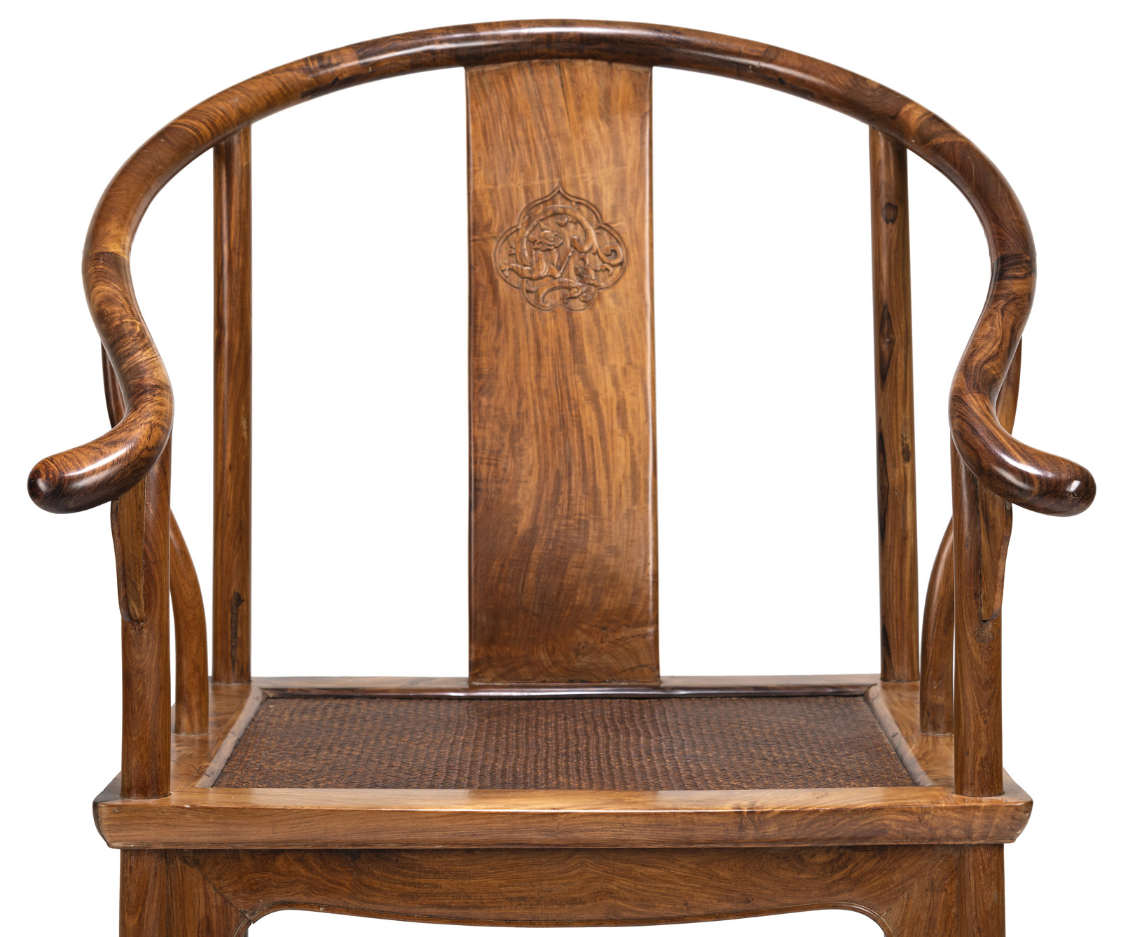 A PAIR OF HUANGHUALI WOOD 'CHILONG' DRAGON MEDALLION HORSESHOE-BACK ARMCHAIRS 'QUANYI' - Image 4 of 8