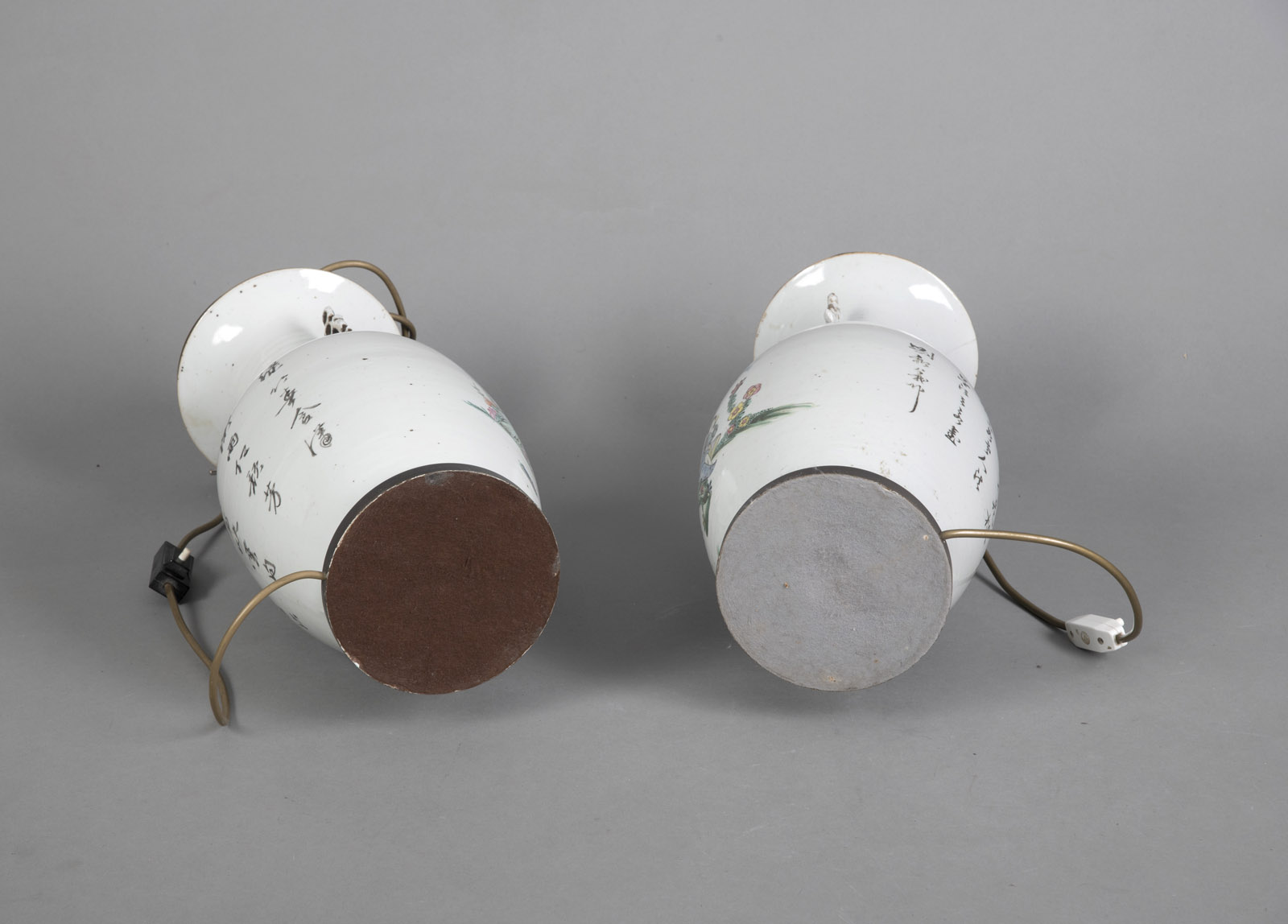 A PAIR OF POLYCHROME PAINTED PORCELAIN VASES DEPICTING LADIES IN A GARDEN, MOUNTED AS LAMPS - Image 4 of 4